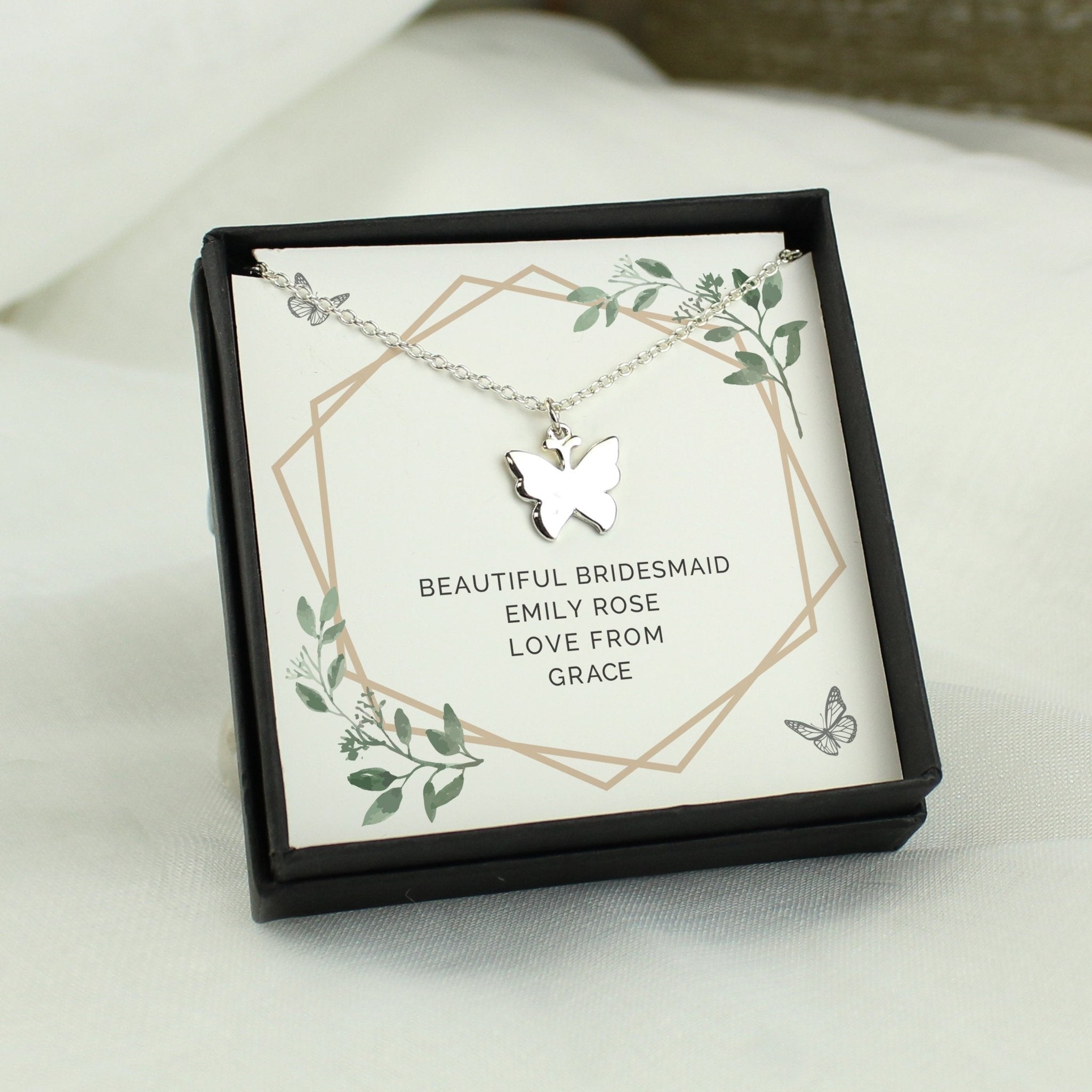 Personalised Botanical Sentiment Butterfly Necklace and Box | Inspired Creative Gifts | UK Supplier