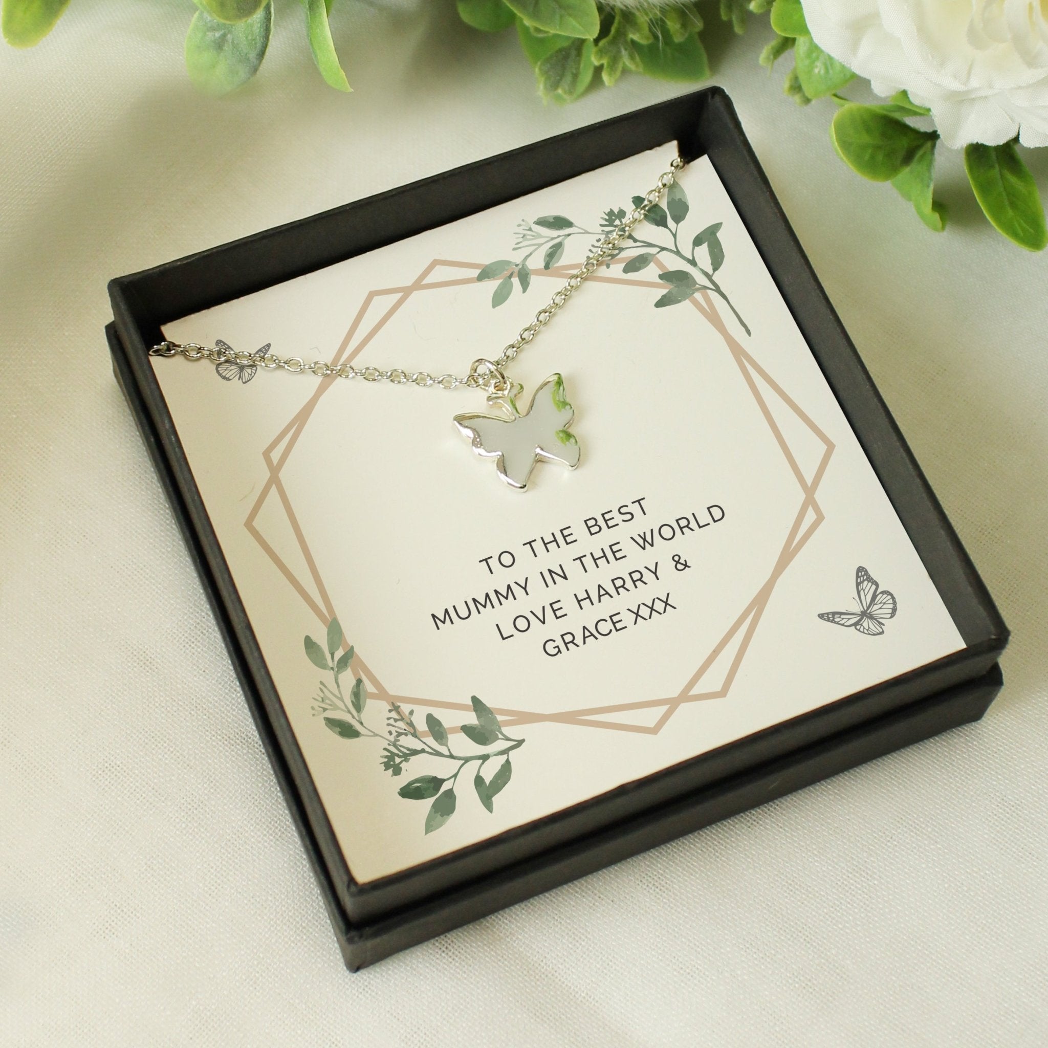 Personalised Botanical Sentiment Butterfly Necklace and Box | Inspired Creative Gifts | UK Supplier