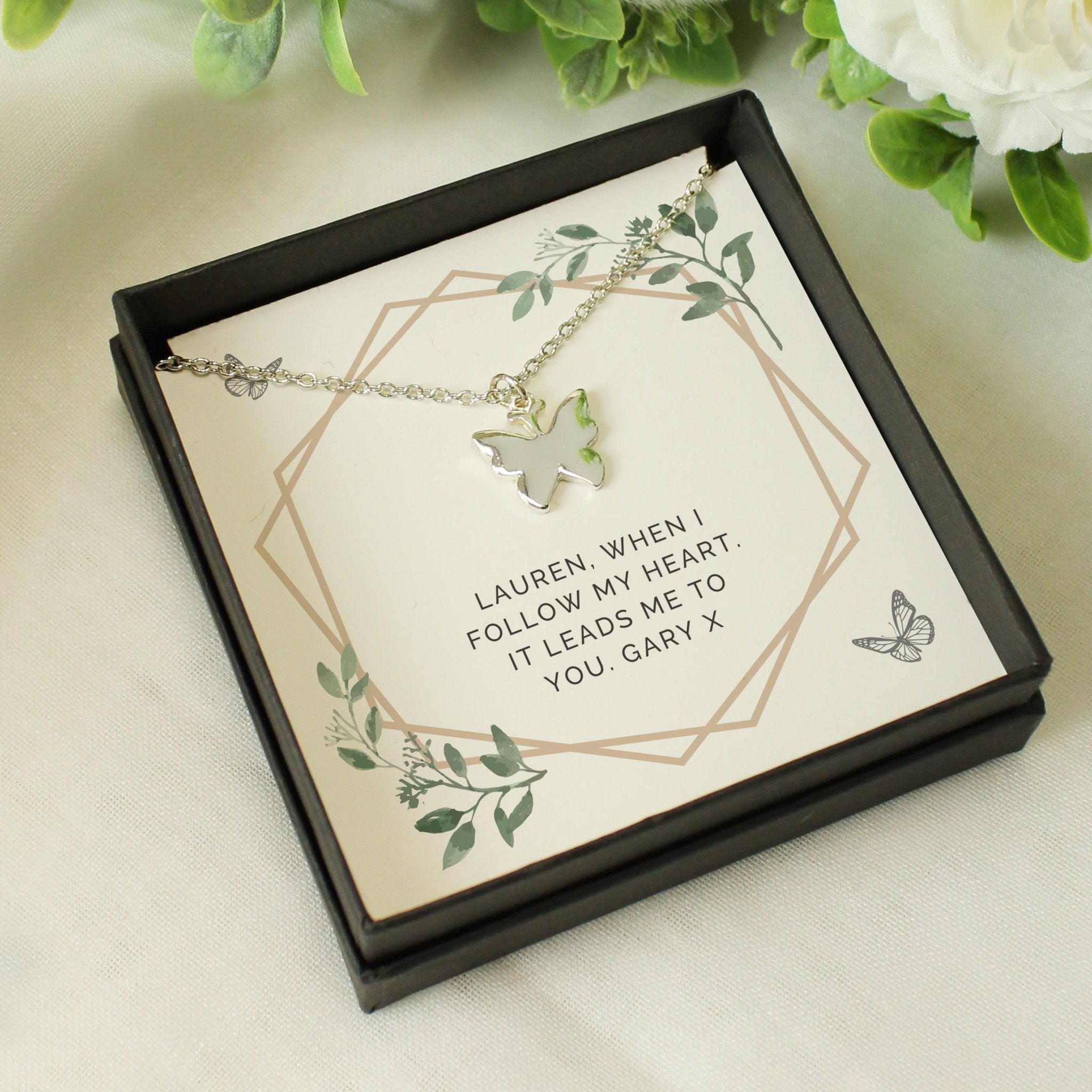 Personalised Botanical Sentiment Butterfly Necklace and Box | Inspired Creative Gifts | UK Supplier