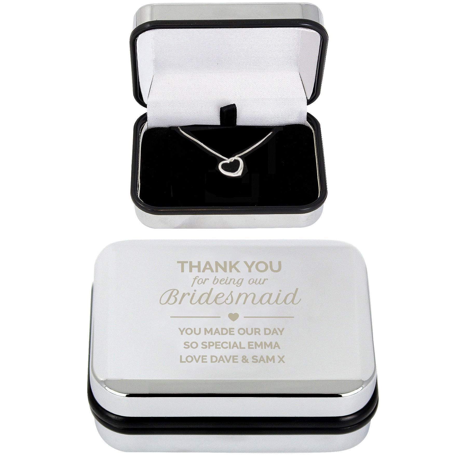 Personalised Bridesmaid Box and Sterling Silver Heart Necklace | Inspired Creative Gifts | UK Supplier