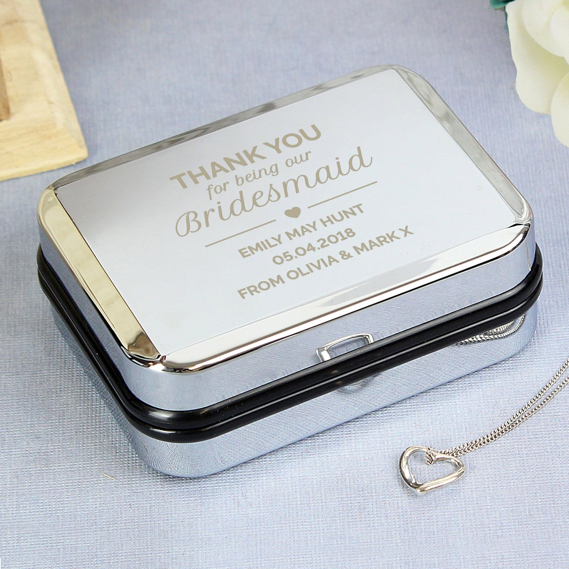 Personalised Bridesmaid Box and Sterling Silver Heart Necklace | Inspired Creative Gifts | UK Supplier