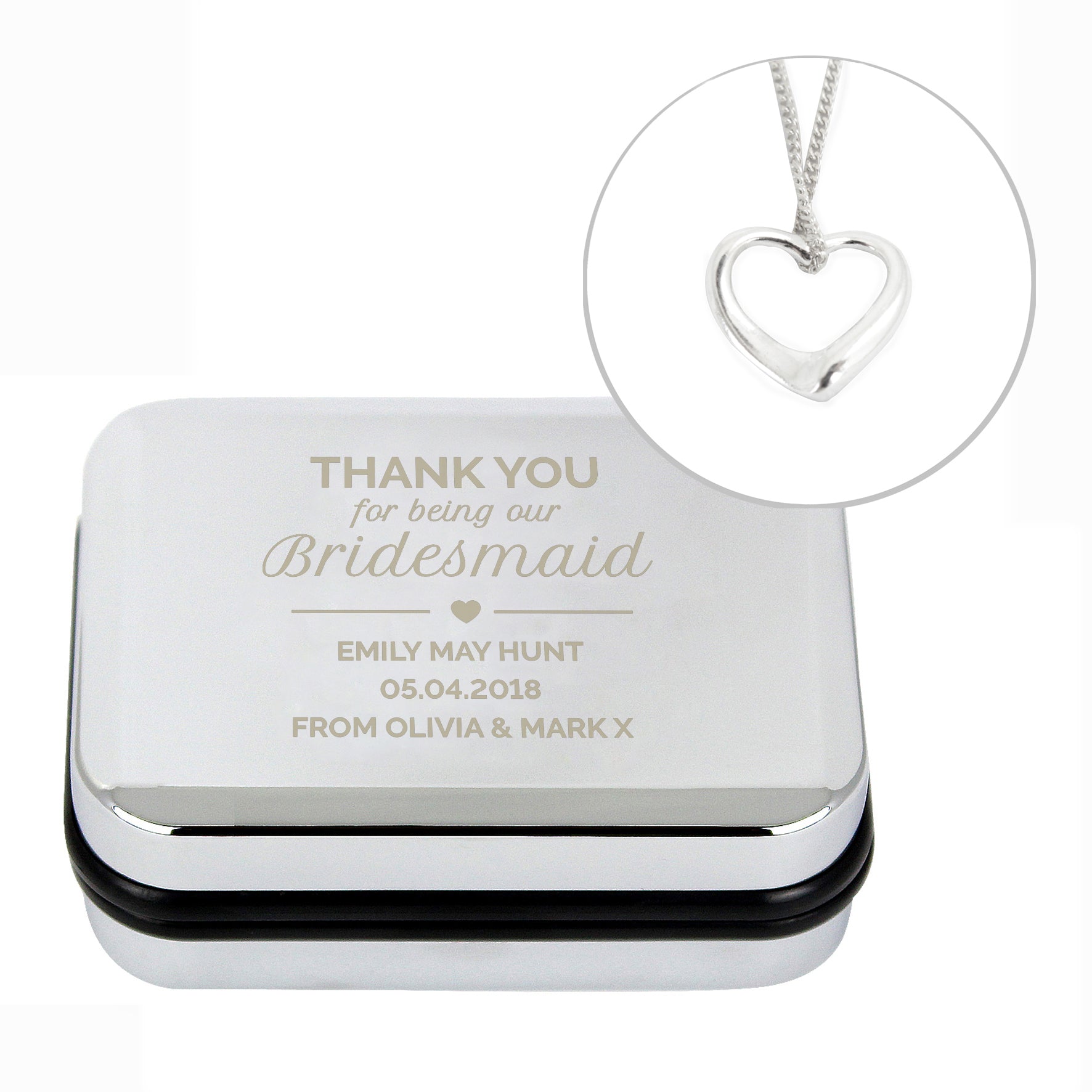 Personalised Bridesmaid Box and Sterling Silver Heart Necklace | Inspired Creative Gifts | UK Supplier