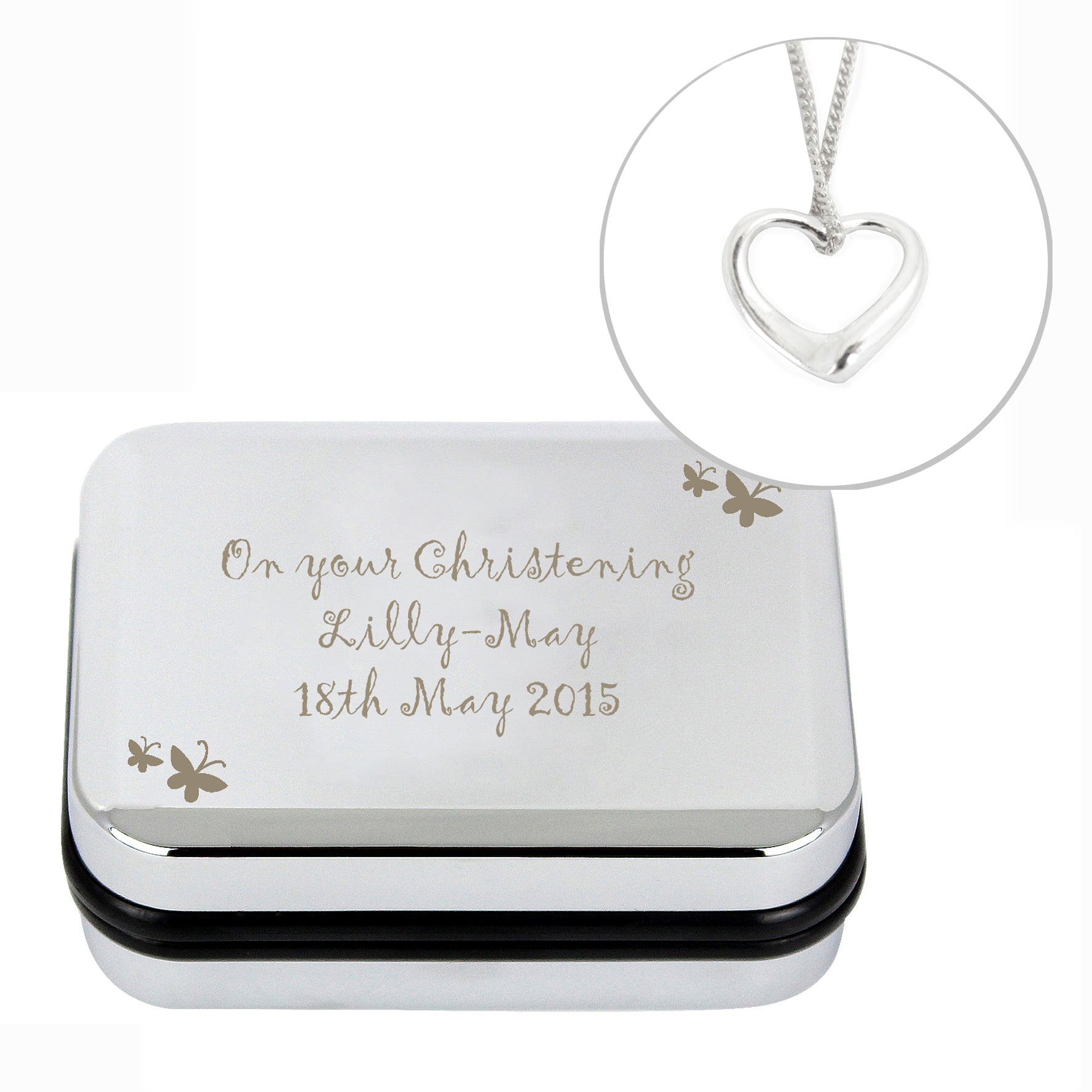 Personalised Butterfly Sterling Silver Heart Necklace and Box | Inspired Creative Gifts