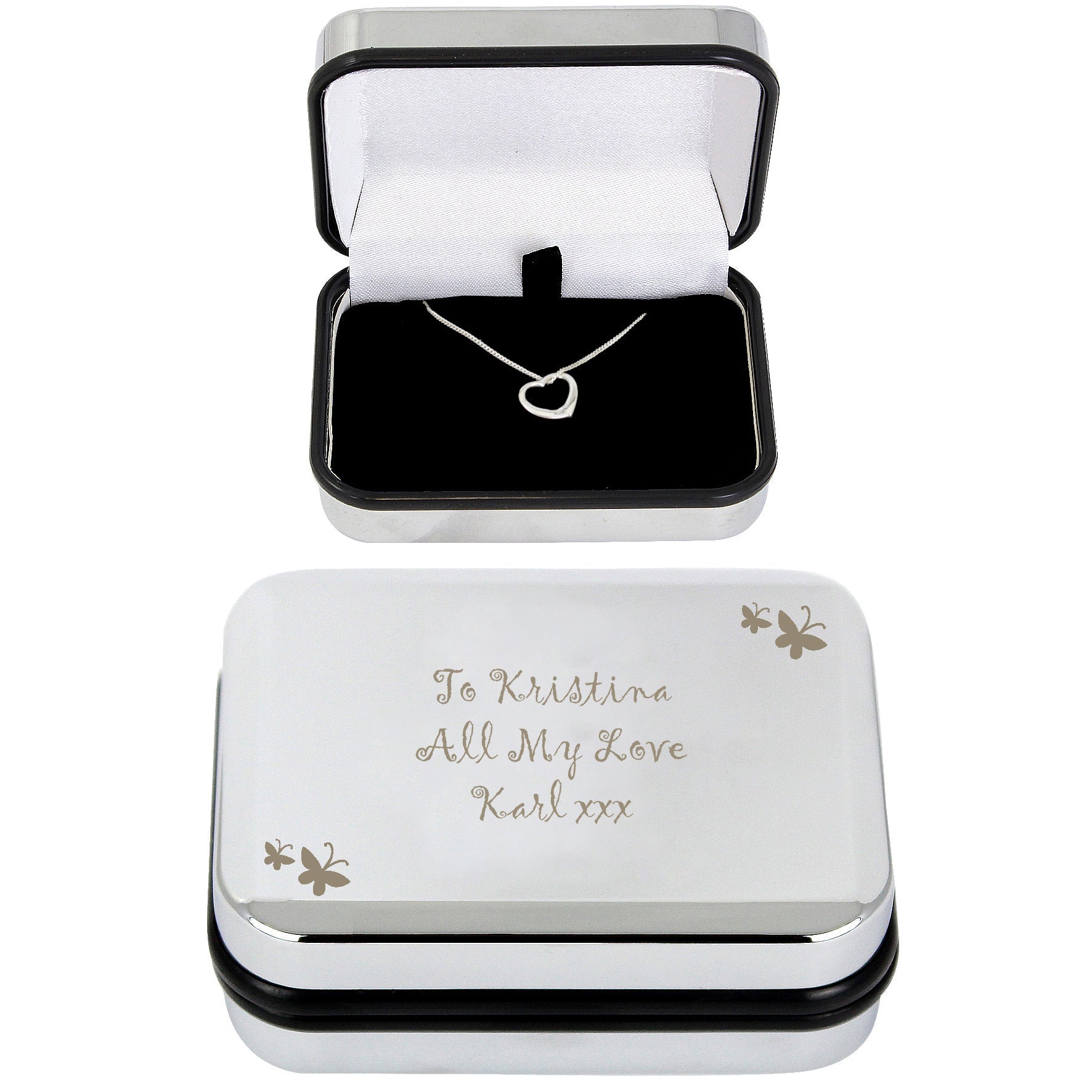 Personalised Butterfly Sterling Silver Heart Necklace and Box | Inspired Creative Gifts