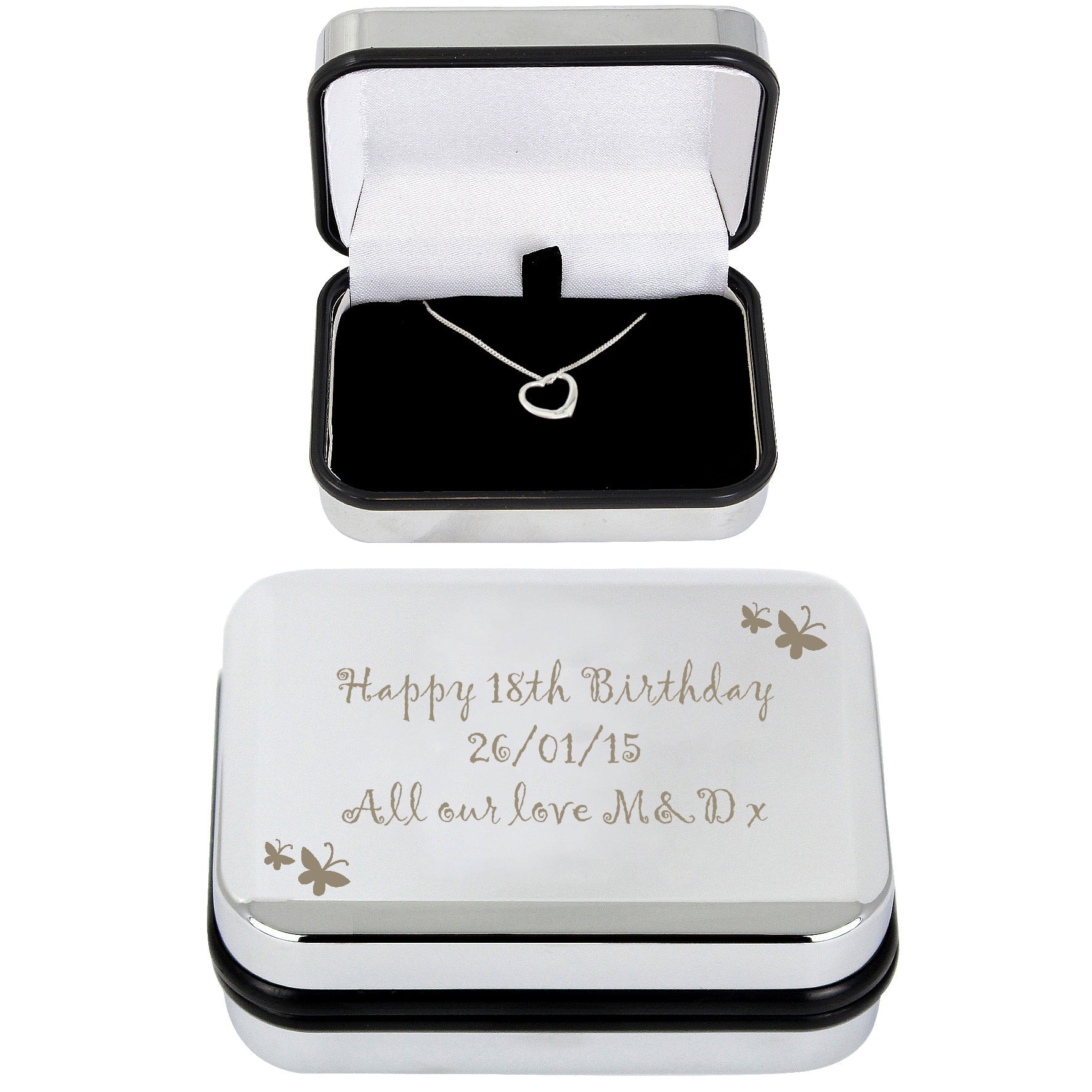 Personalised Butterfly Sterling Silver Heart Necklace and Box | Inspired Creative Gifts