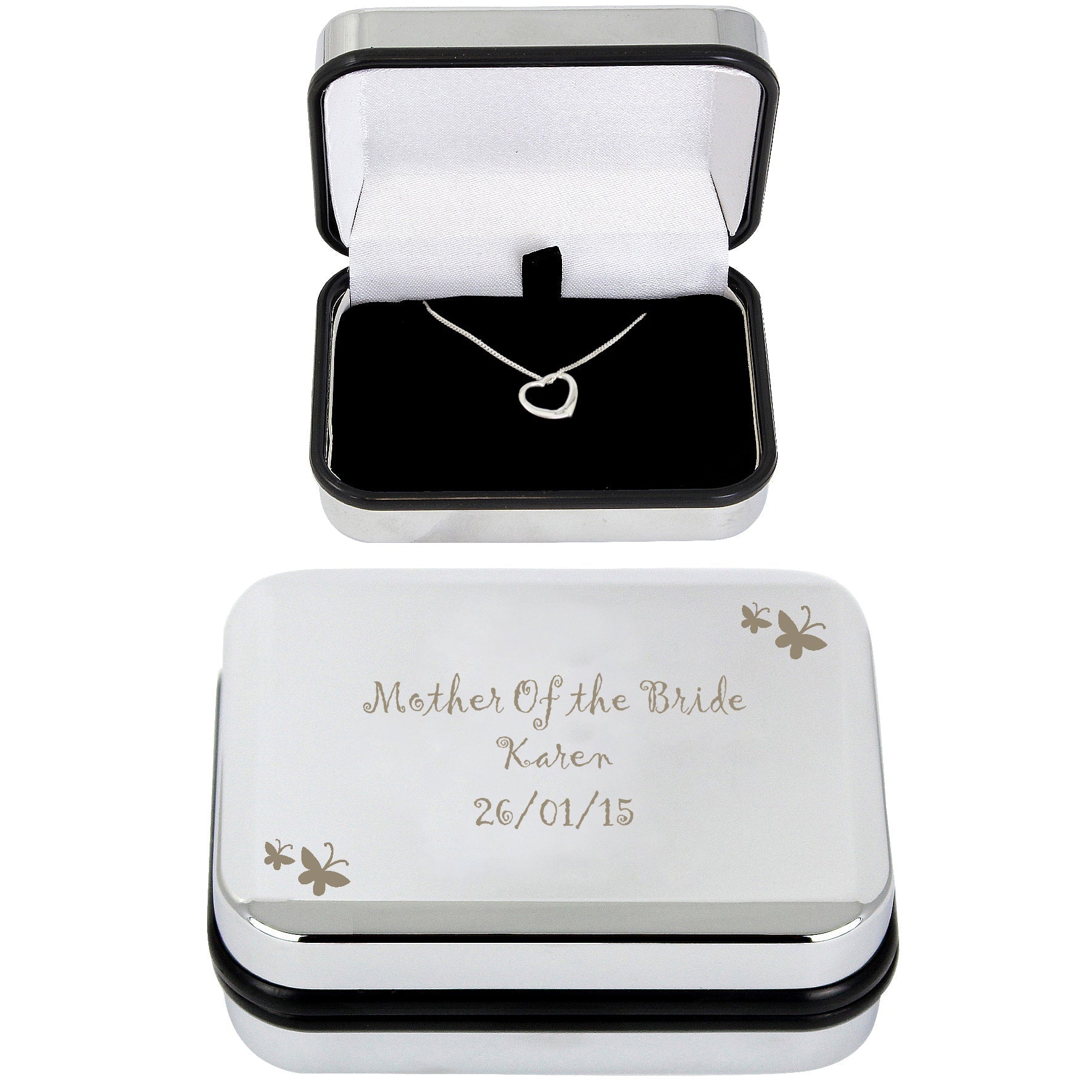 Personalised Butterfly Sterling Silver Heart Necklace and Box | Inspired Creative Gifts