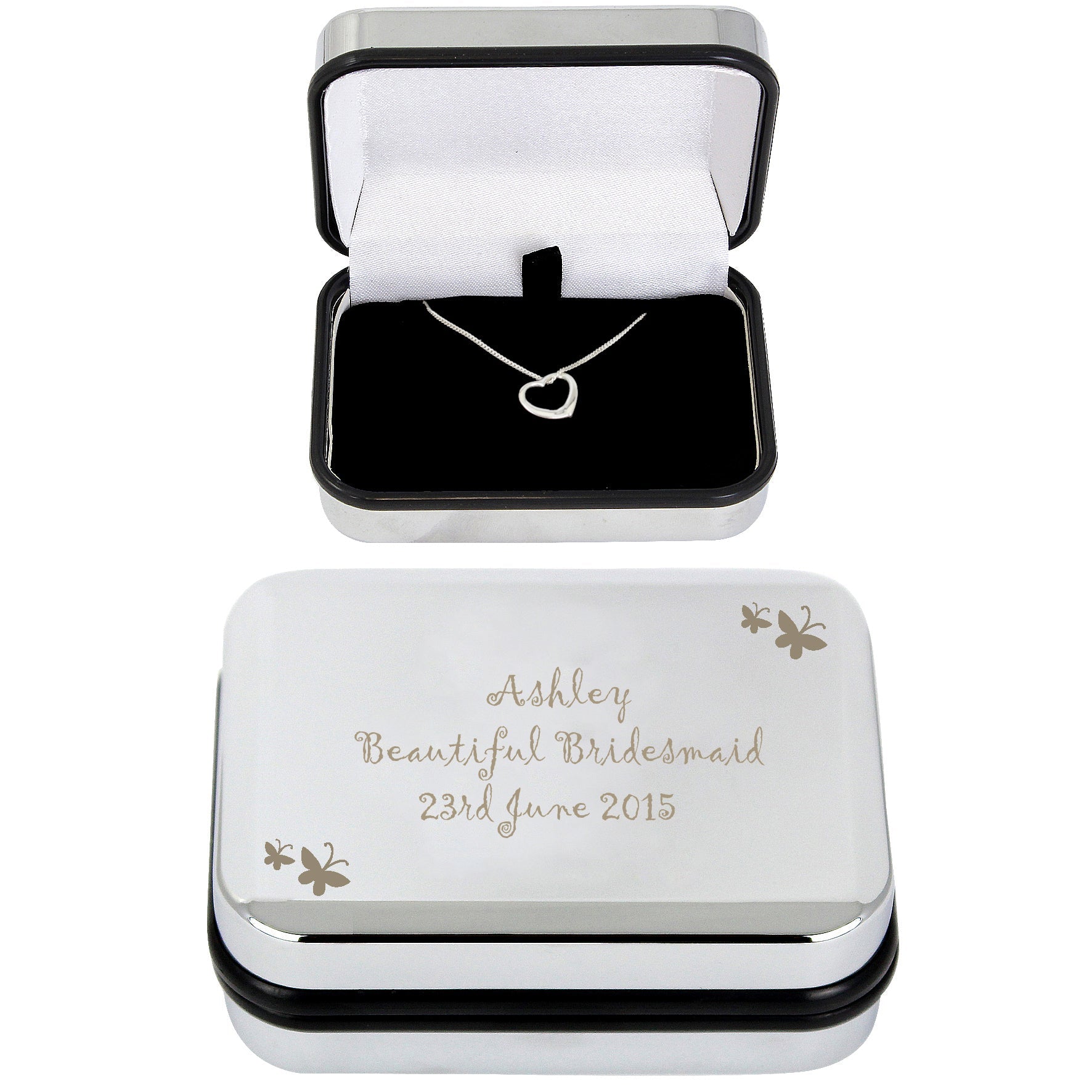 Personalised Butterfly Sterling Silver Heart Necklace and Box | Inspired Creative Gifts