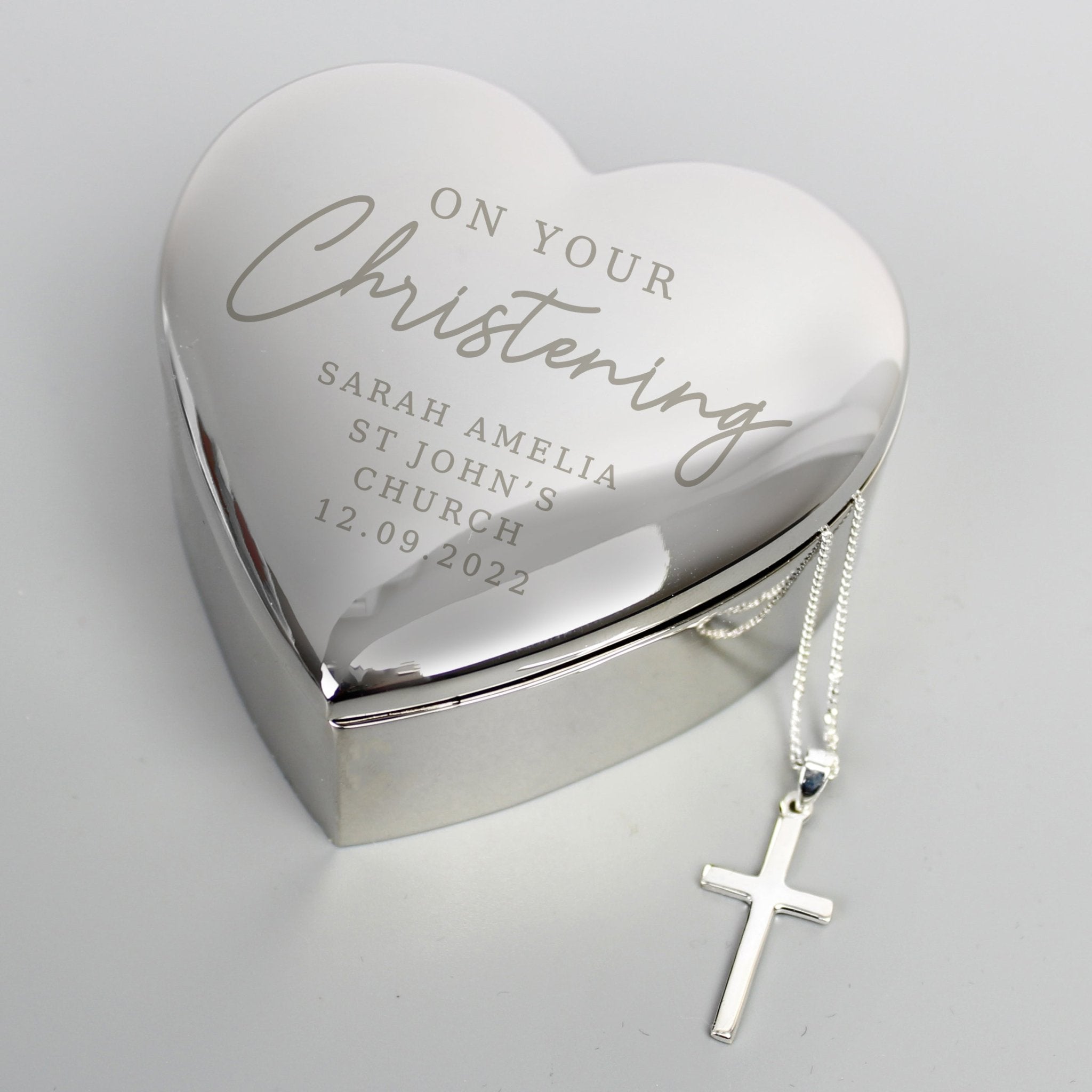 Personalised Christening Heart Trinket Box & Cross Necklace Set | Inspired Creative Gifts | UK Supplier