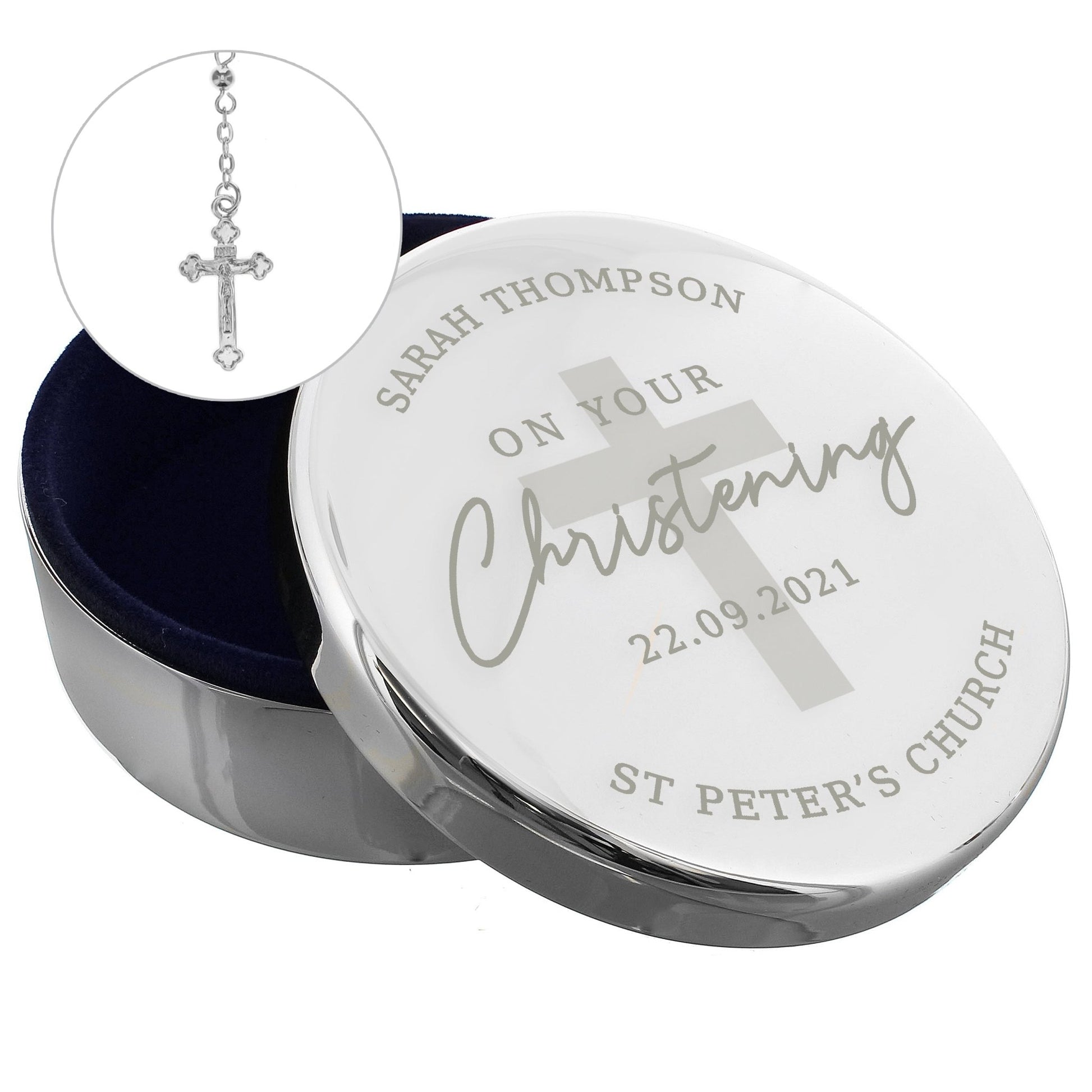 Personalised Christening Round Trinket Box & Rosary Beads Set | Inspired Creative Gifts | UK Supplier