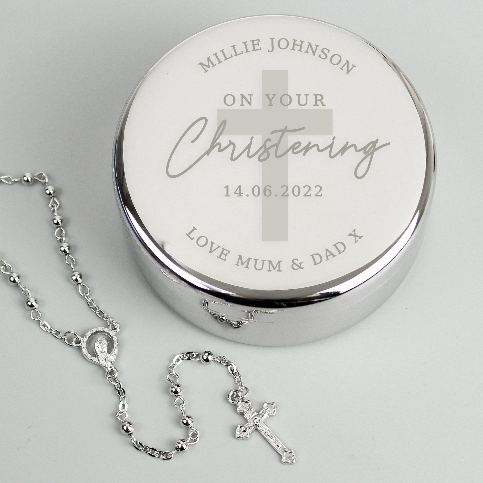 Personalised Christening Round Trinket Box & Rosary Beads Set | Inspired Creative Gifts | UK Supplier