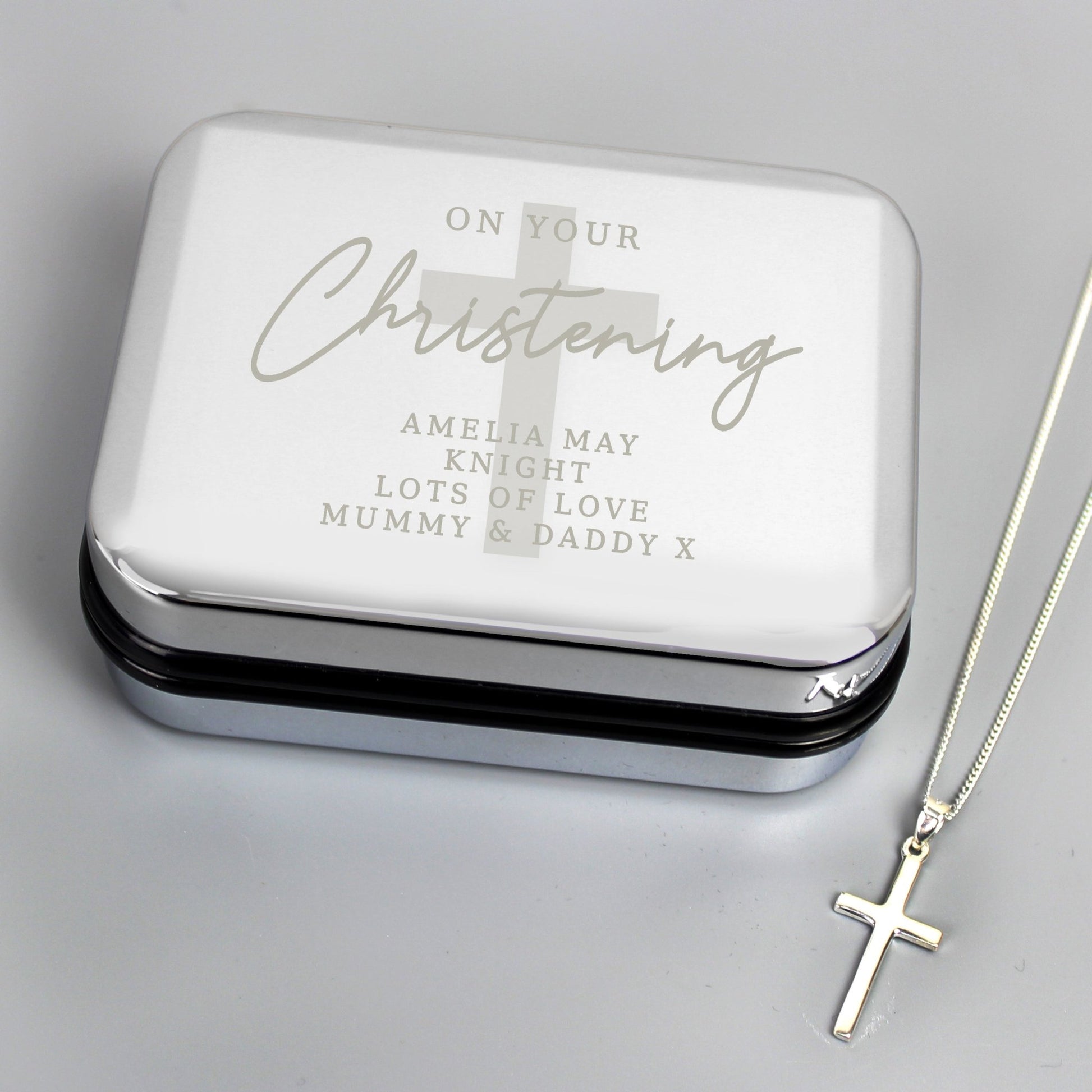 Personalised Christening Trinket Box & Sterling Silver Cross Necklace Set | Inspired Creative Gifts