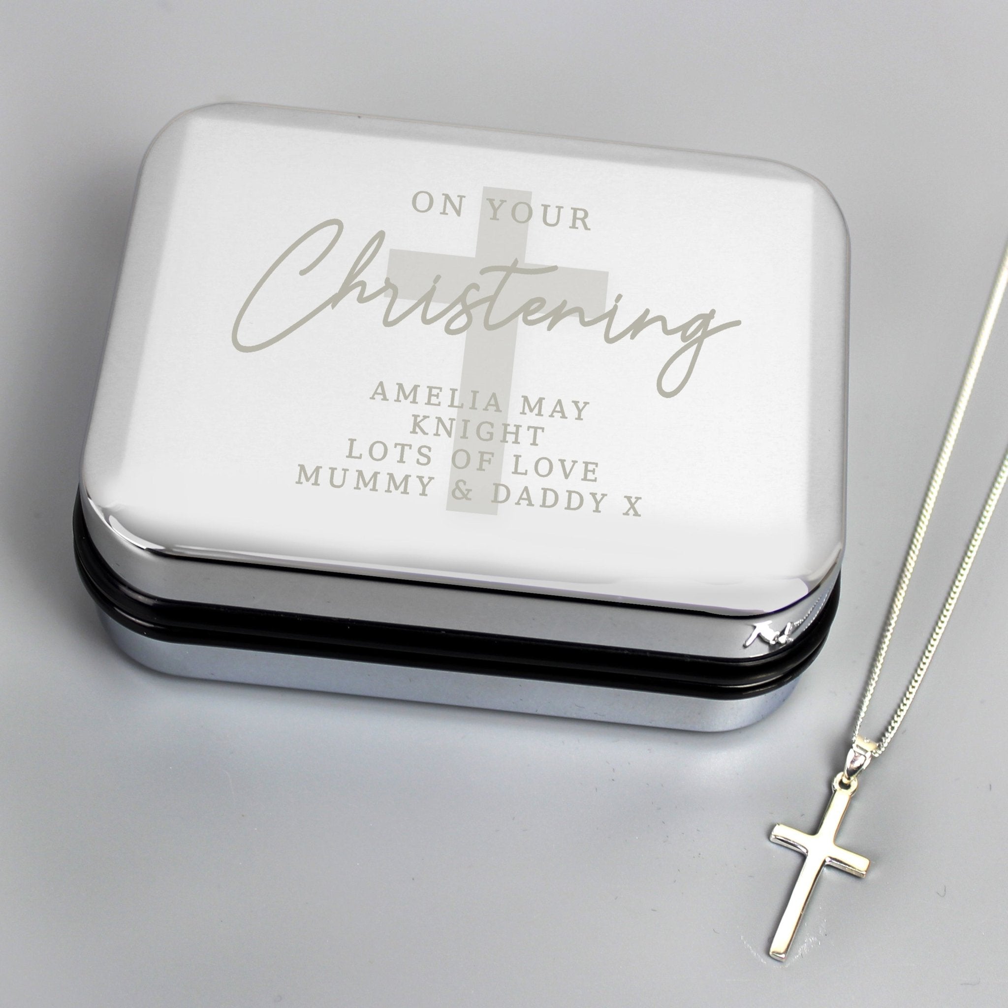 Personalised Christening Trinket Box & Sterling Silver Cross Necklace Set | Inspired Creative Gifts | UK Supplier
