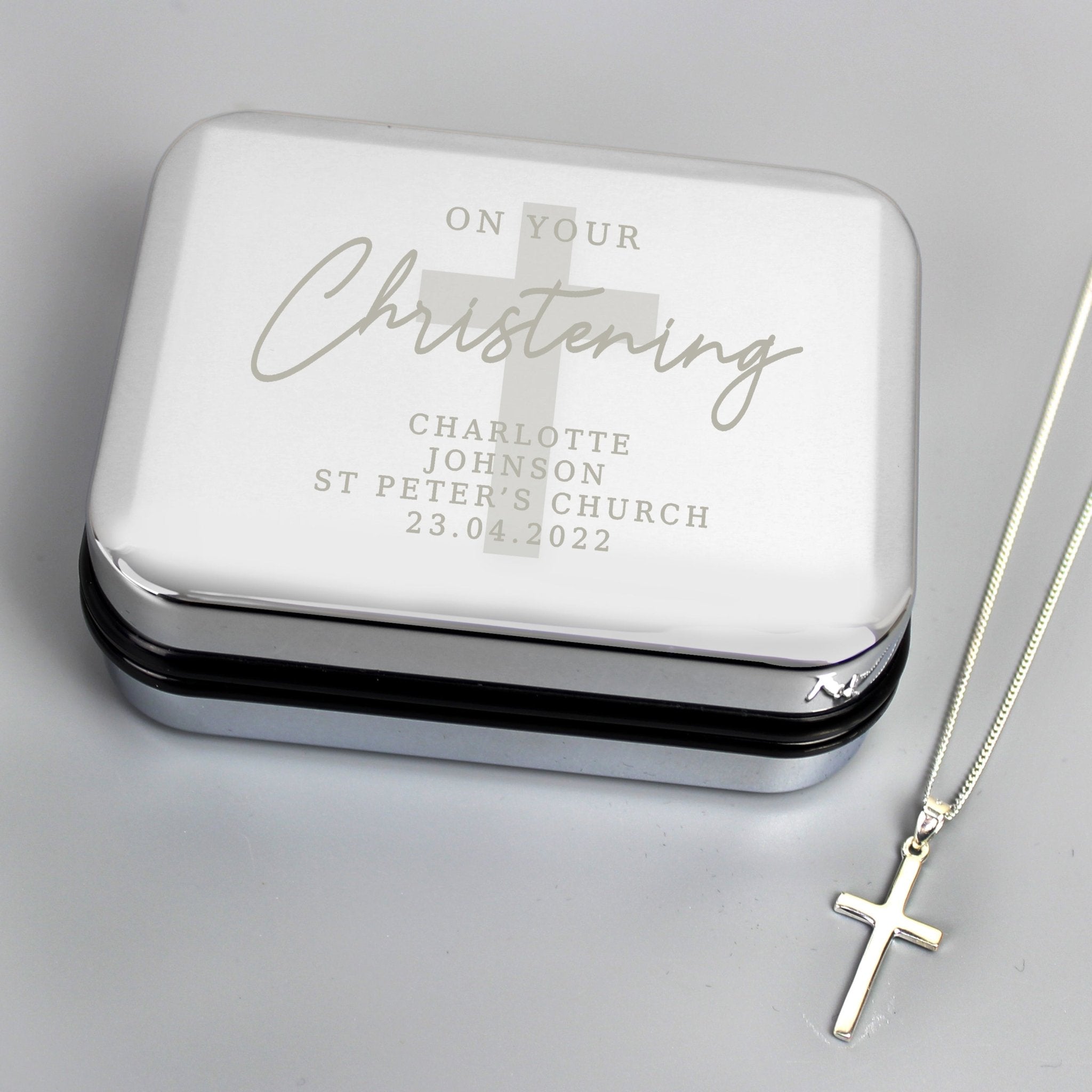 Personalised Christening Trinket Box & Sterling Silver Cross Necklace Set | Inspired Creative Gifts | UK Supplier