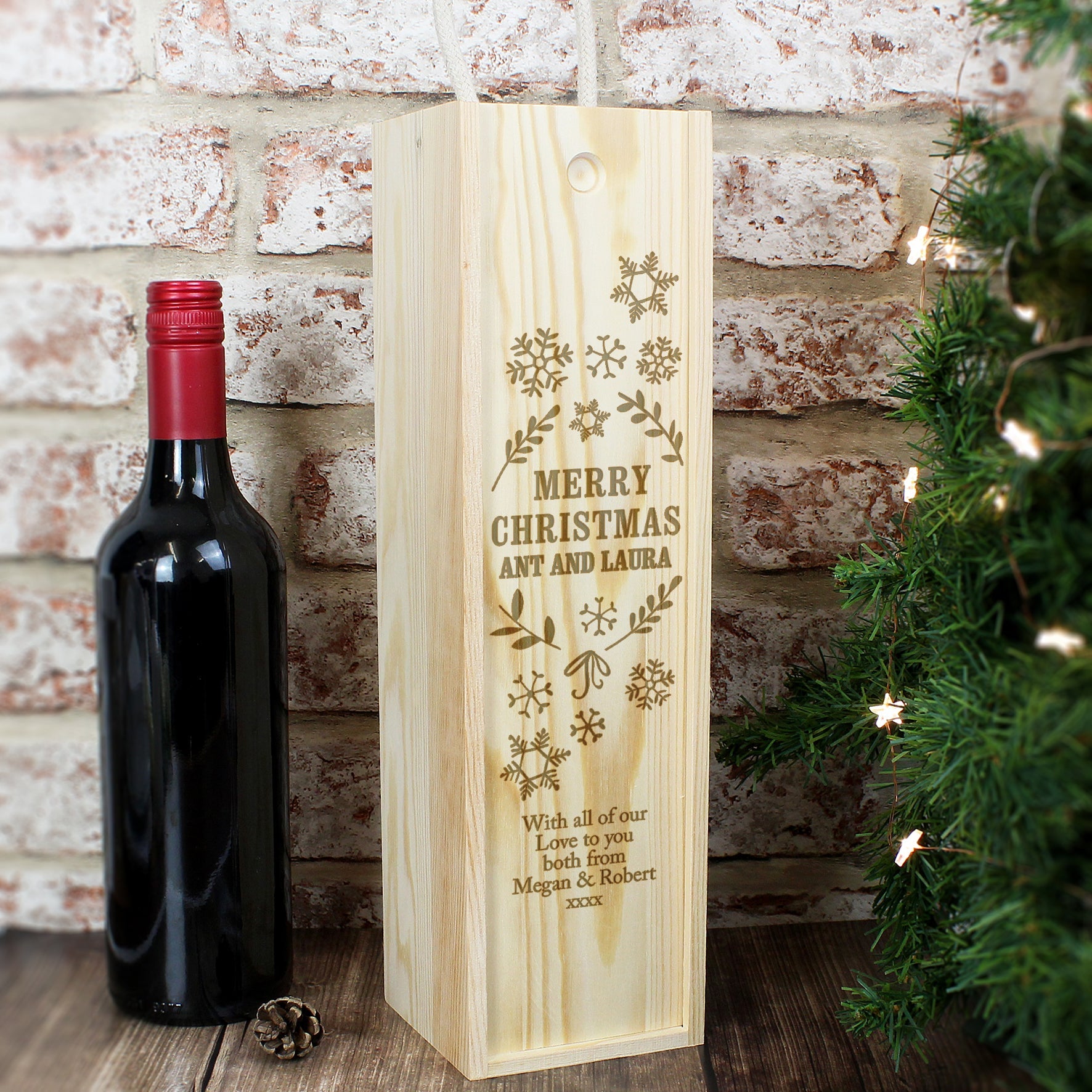 Personalised Christmas Frost Wooden Wine Bottle Box | Inspired Creative Gifts | UK Supplier