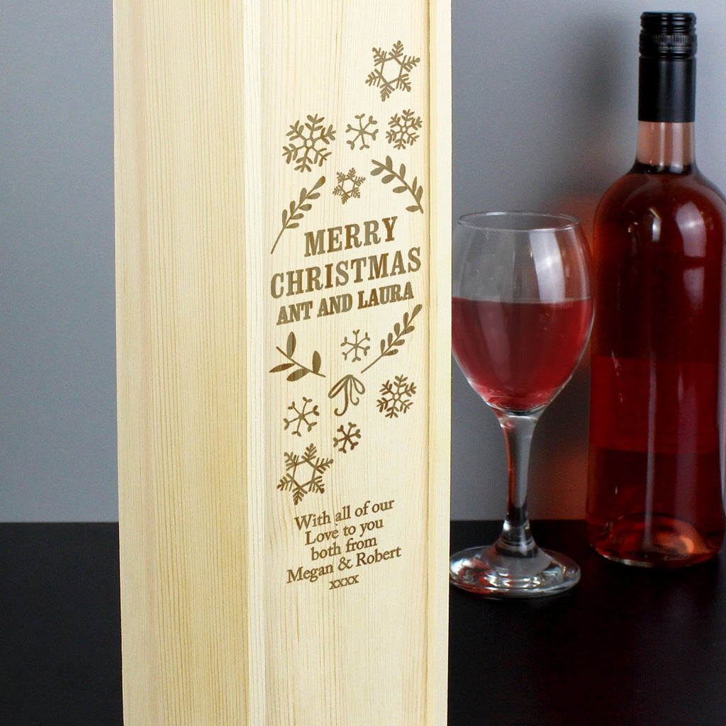 Personalised Christmas Frost Wooden Wine Bottle Box | Inspired Creative Gifts | UK Supplier