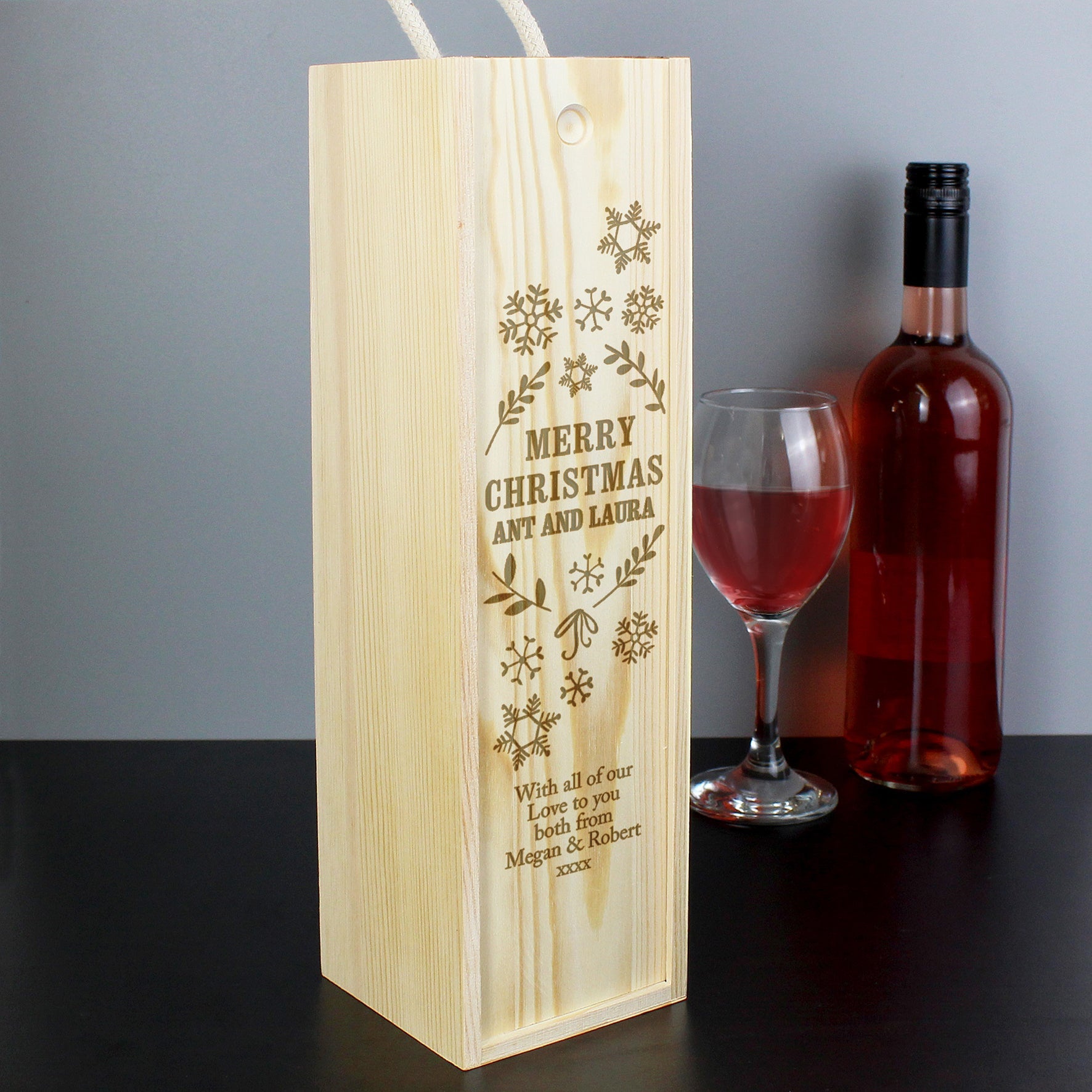 Personalised Christmas Frost Wooden Wine Bottle Box | Inspired Creative Gifts | UK Supplier
