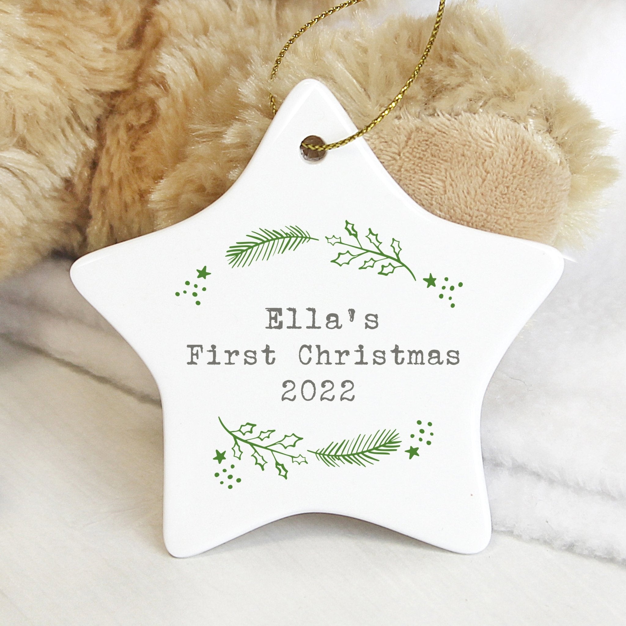 Personalised Christmas Holly Ceramic Star Decoration | Inspired Creative Gifts | UK Supplier