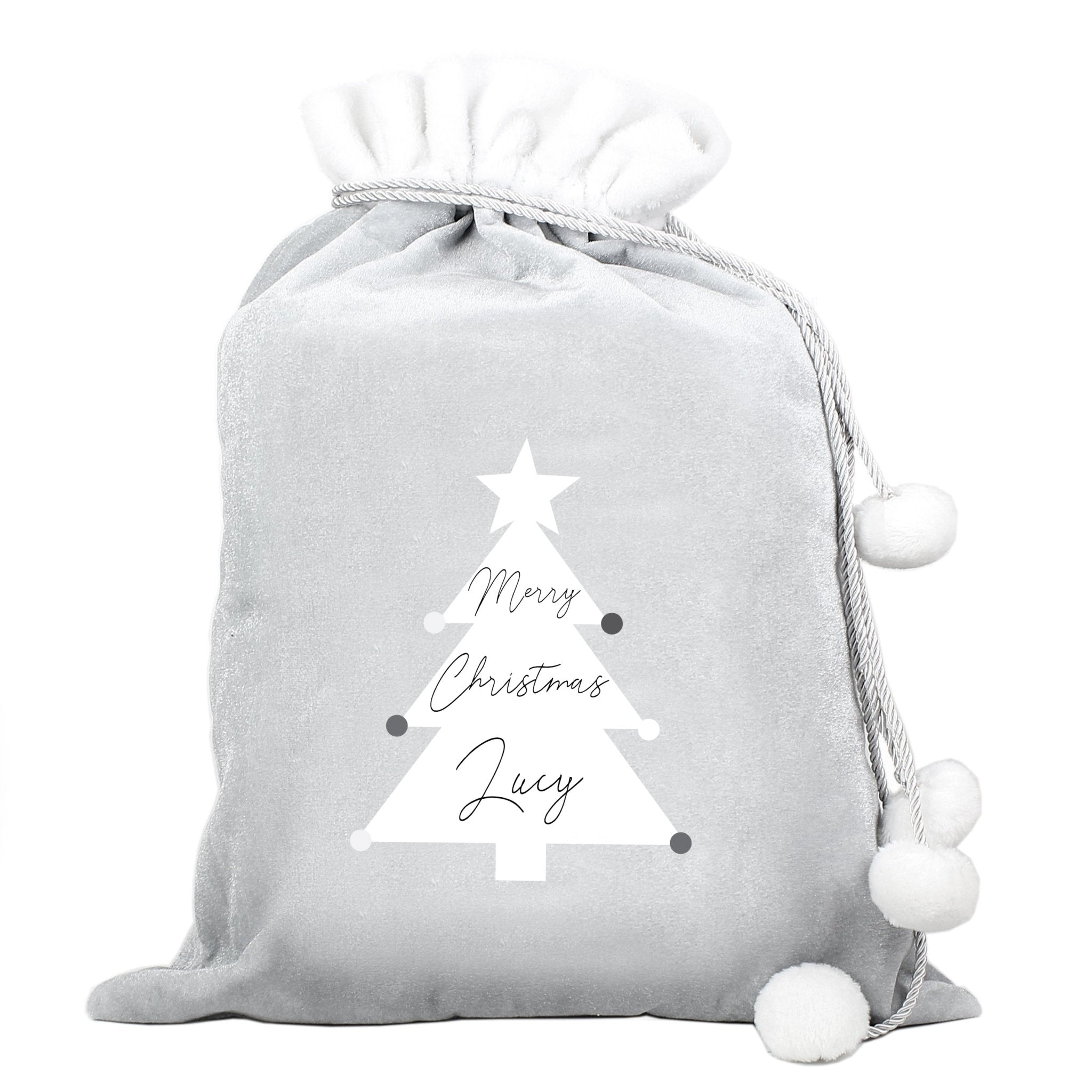 Personalised Christmas Tree Luxury Silver Grey Pom Pom Sack | Inspired Creative Gifts | UK Supplier
