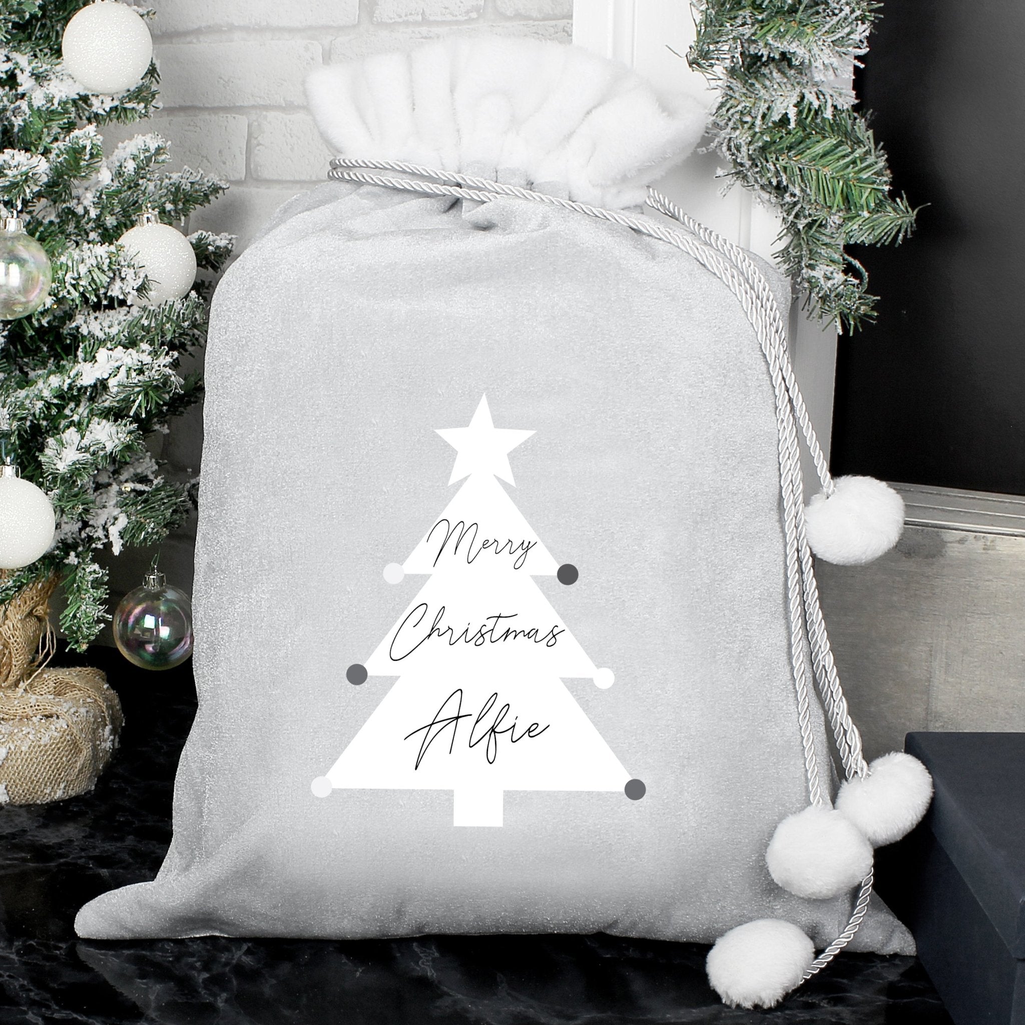 Personalised Christmas Tree Luxury Silver Grey Pom Pom Sack | Inspired Creative Gifts | UK Supplier