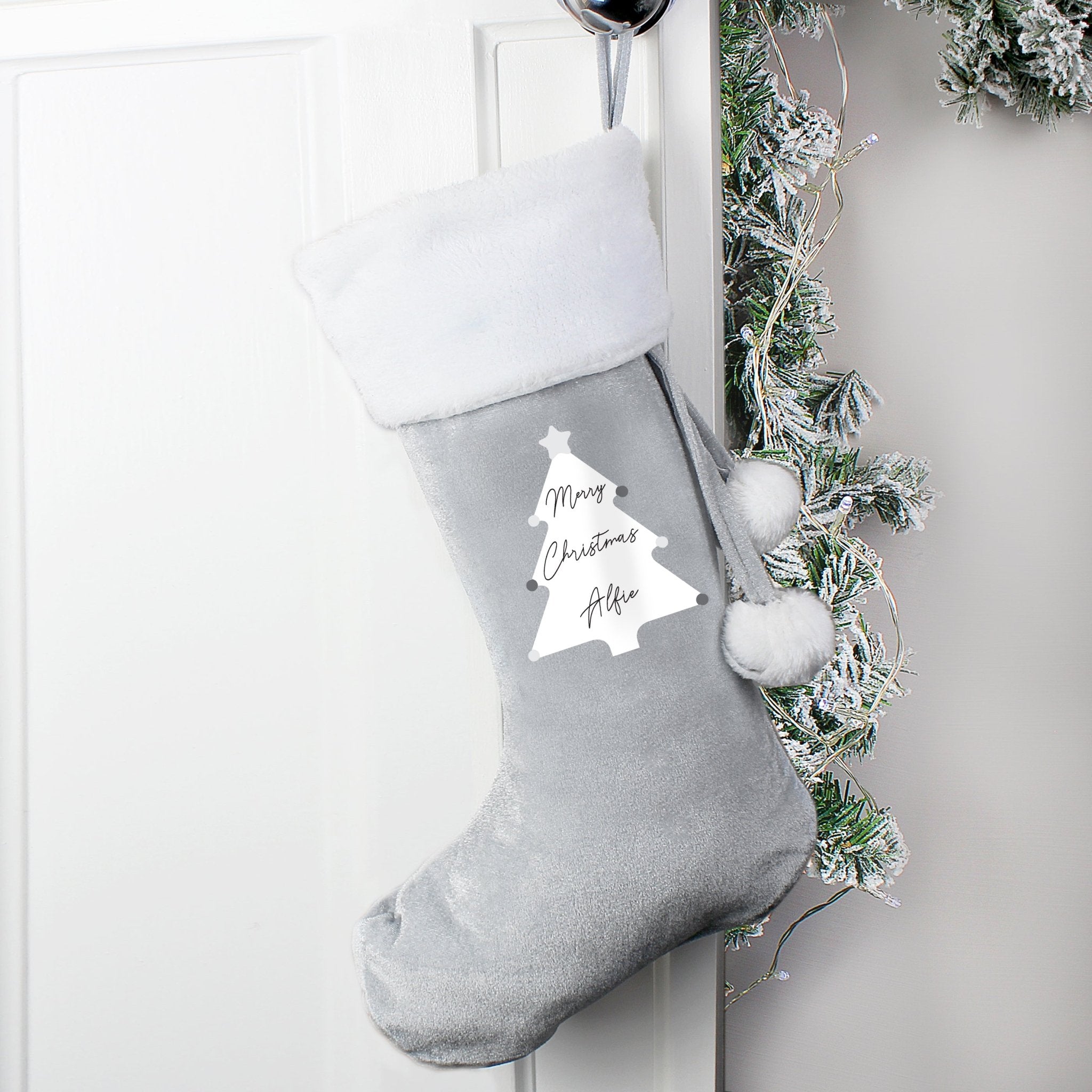 Personalised Christmas Tree Luxury Silver Grey Stocking | Inspired Creative Gifts | UK Supplier