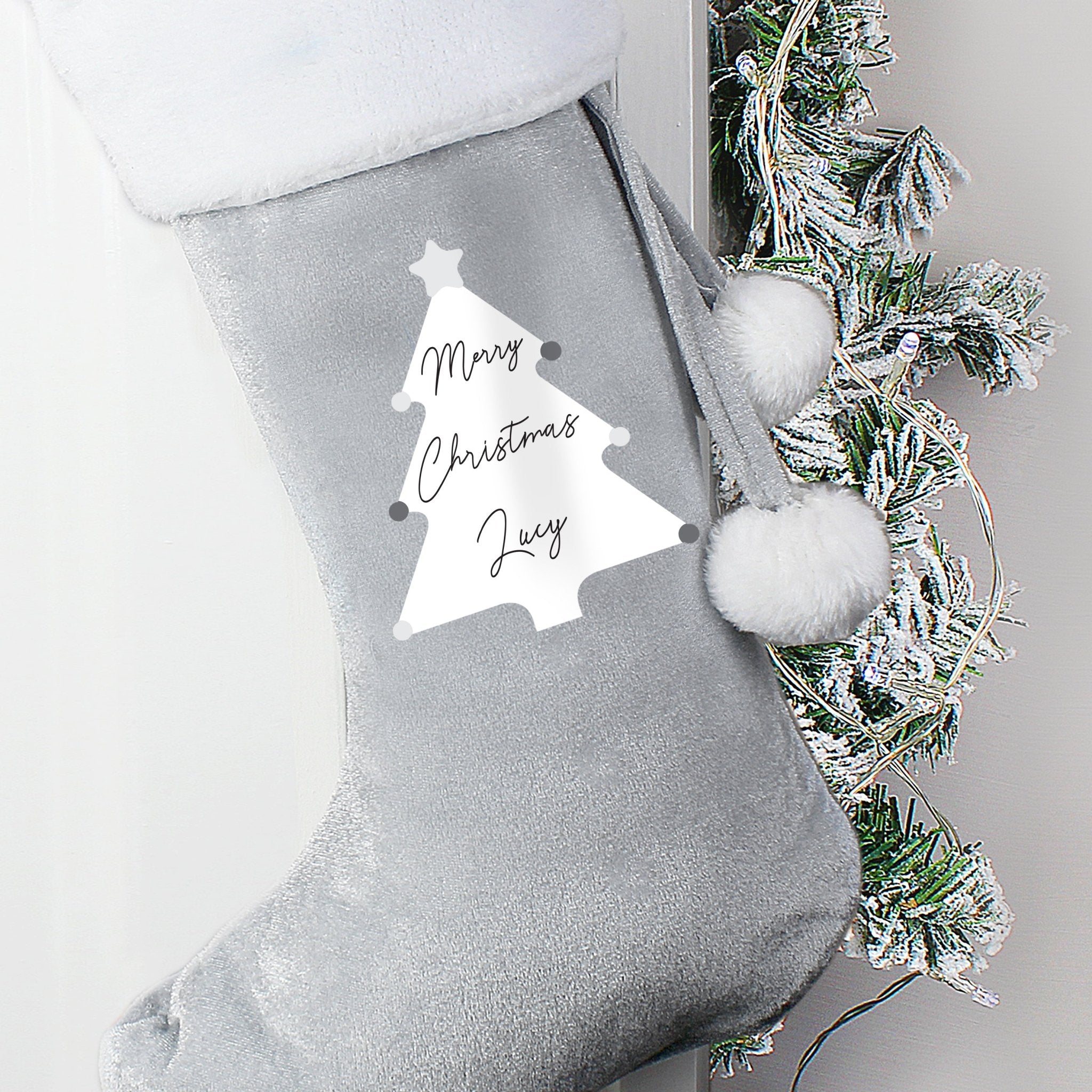 Personalised Christmas Tree Luxury Silver Grey Stocking | Inspired Creative Gifts | UK Supplier