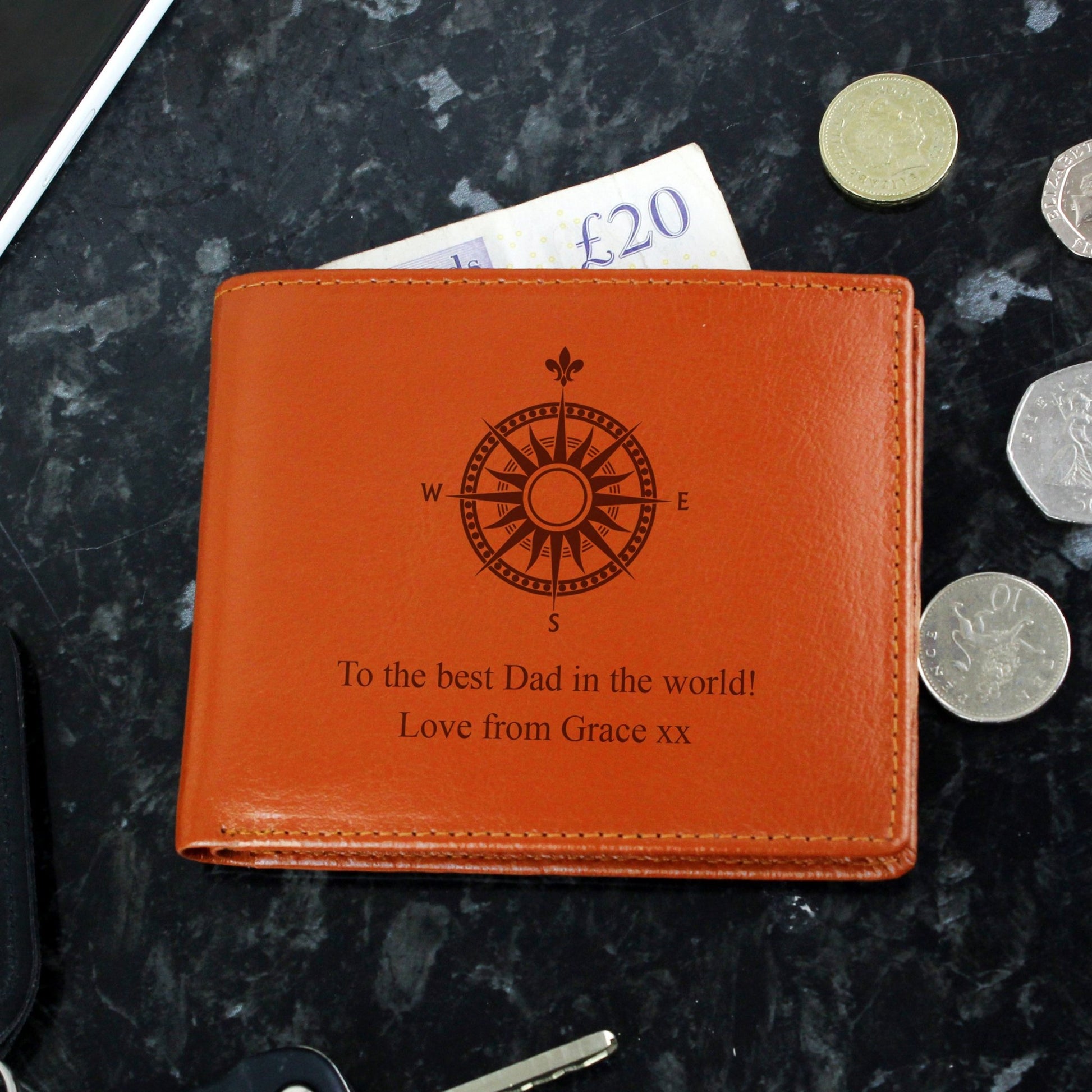 Personalised Compass Tan Leather Wallet | Inspired Creative Gifts | UK Supplier