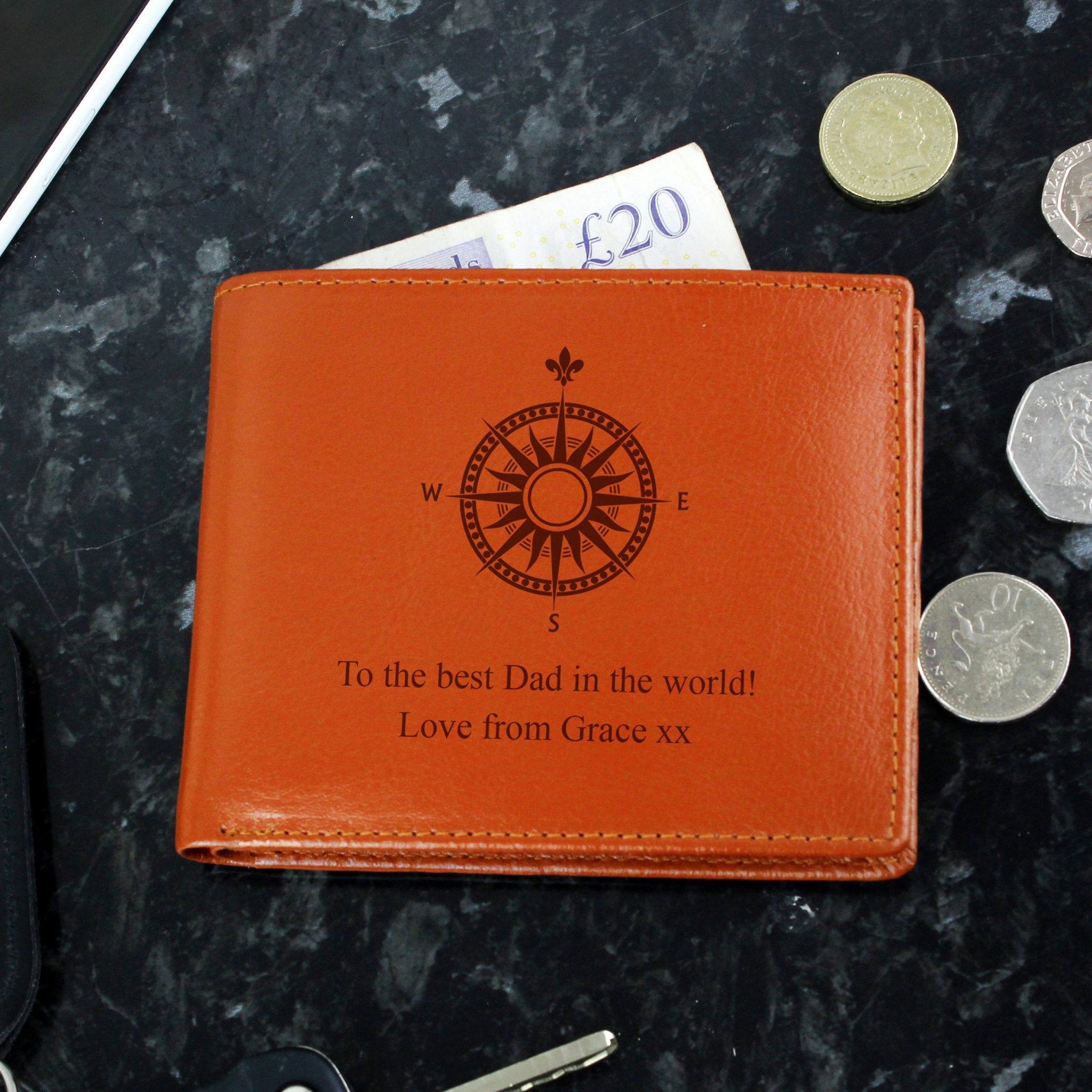 Personalised Compass Tan Leather Wallet | Inspired Creative Gifts | UK Supplier