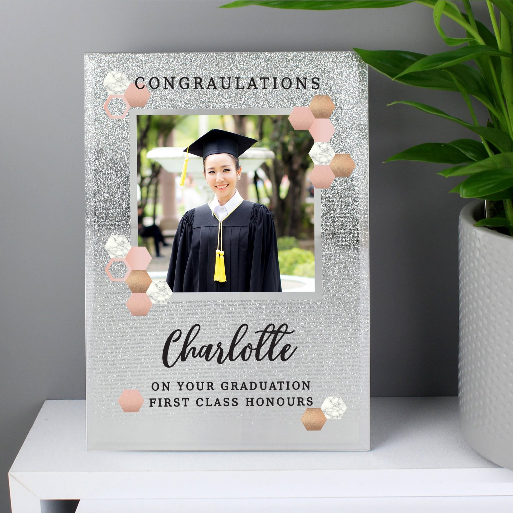 Personalised Cute Hexagon Design 4x4 Glitter Glass Photo Frame | Inspired Creative Gifts | UK Supplier