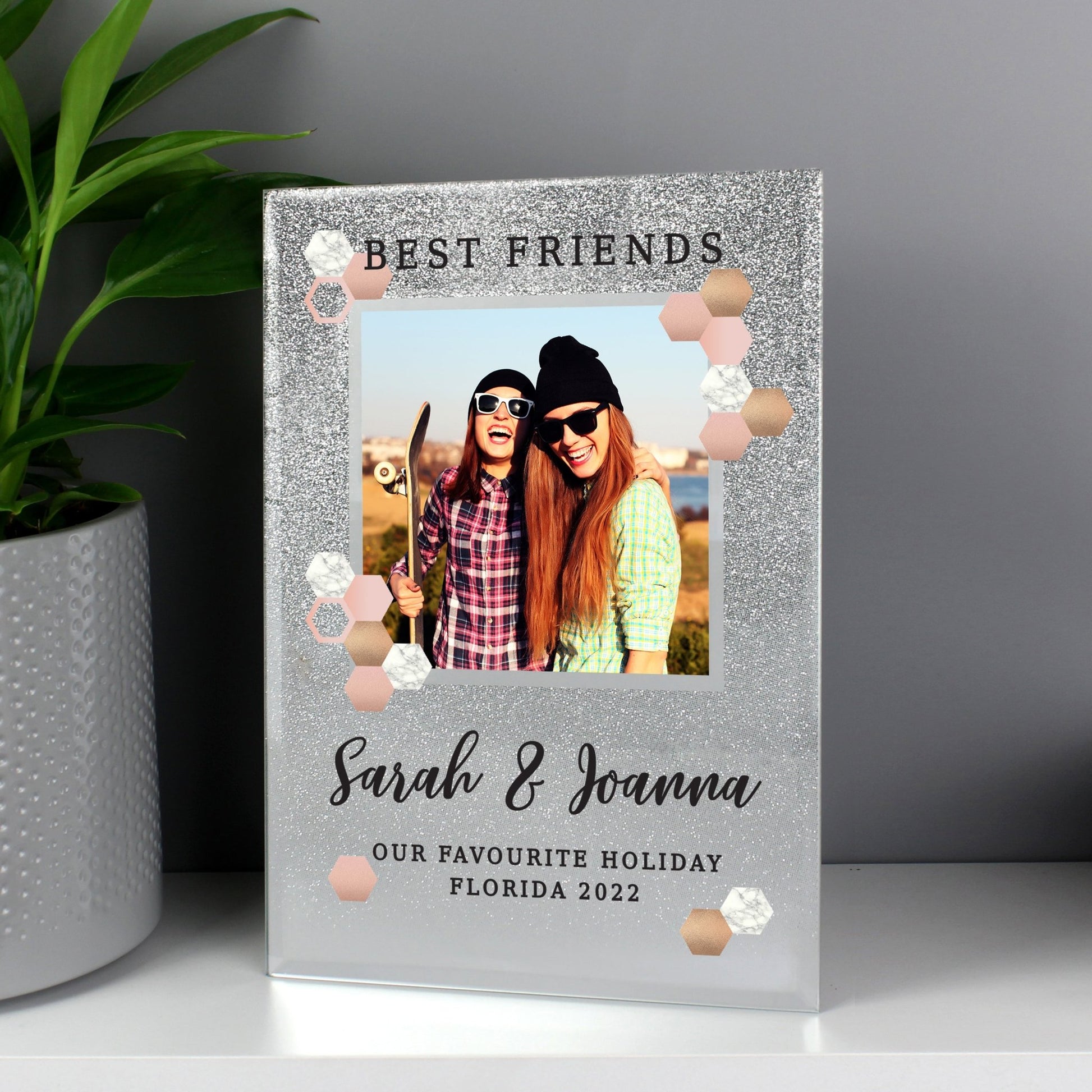 Personalised Cute Hexagon Design 4x4 Glitter Glass Photo Frame | Inspired Creative Gifts | UK Supplier