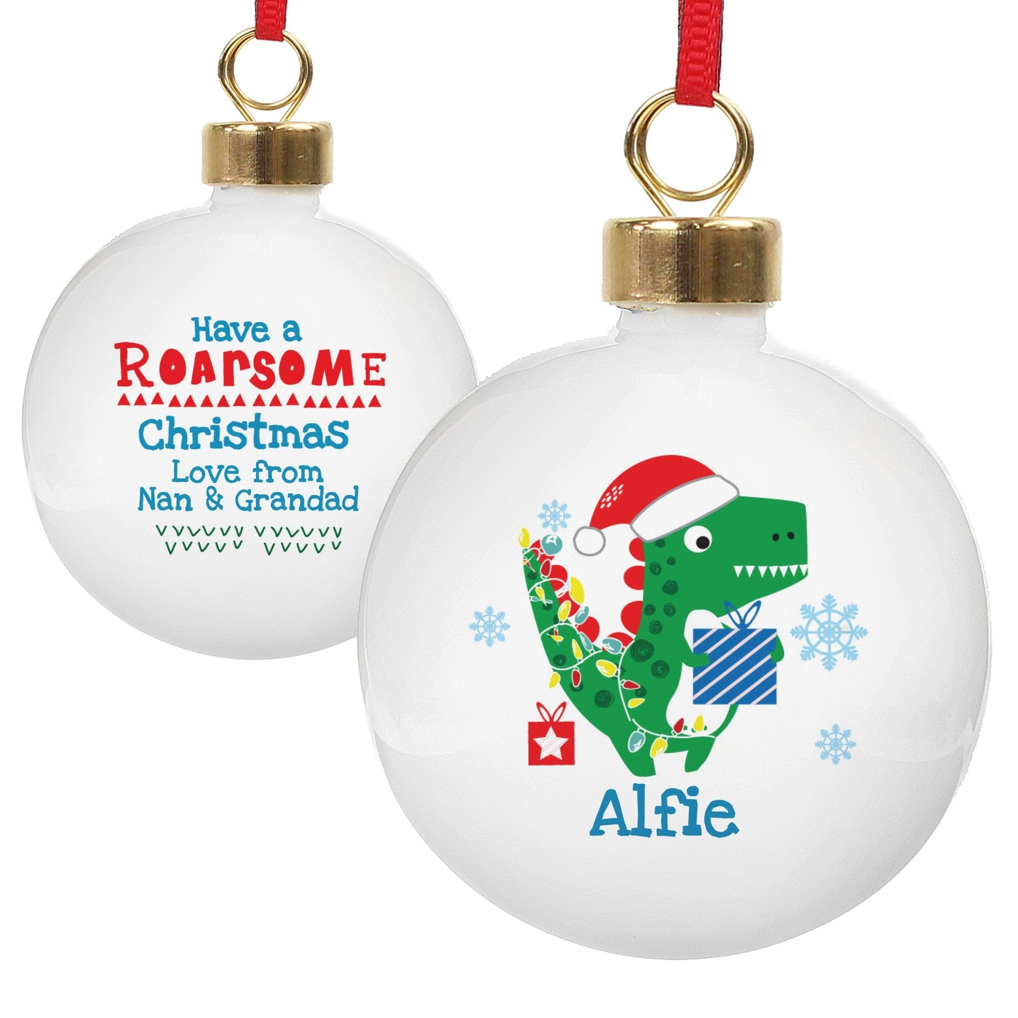Personalised Dinosaur 'Have a Roarsome Christmas' Bauble | Inspired Creative Gifts | UK Supplier