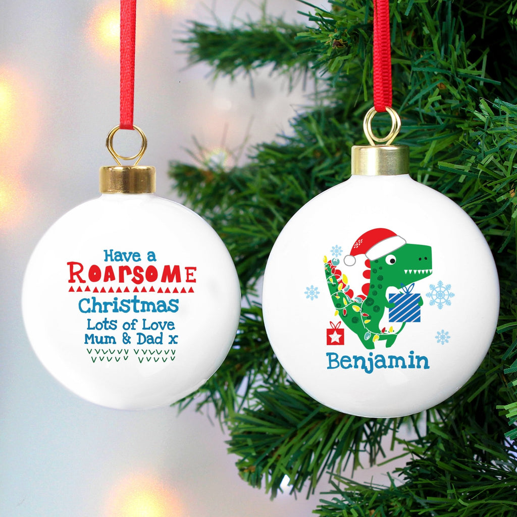 Personalised Dinosaur 'Have a Roarsome Christmas' Bauble | Inspired Creative Gifts | UK Supplier