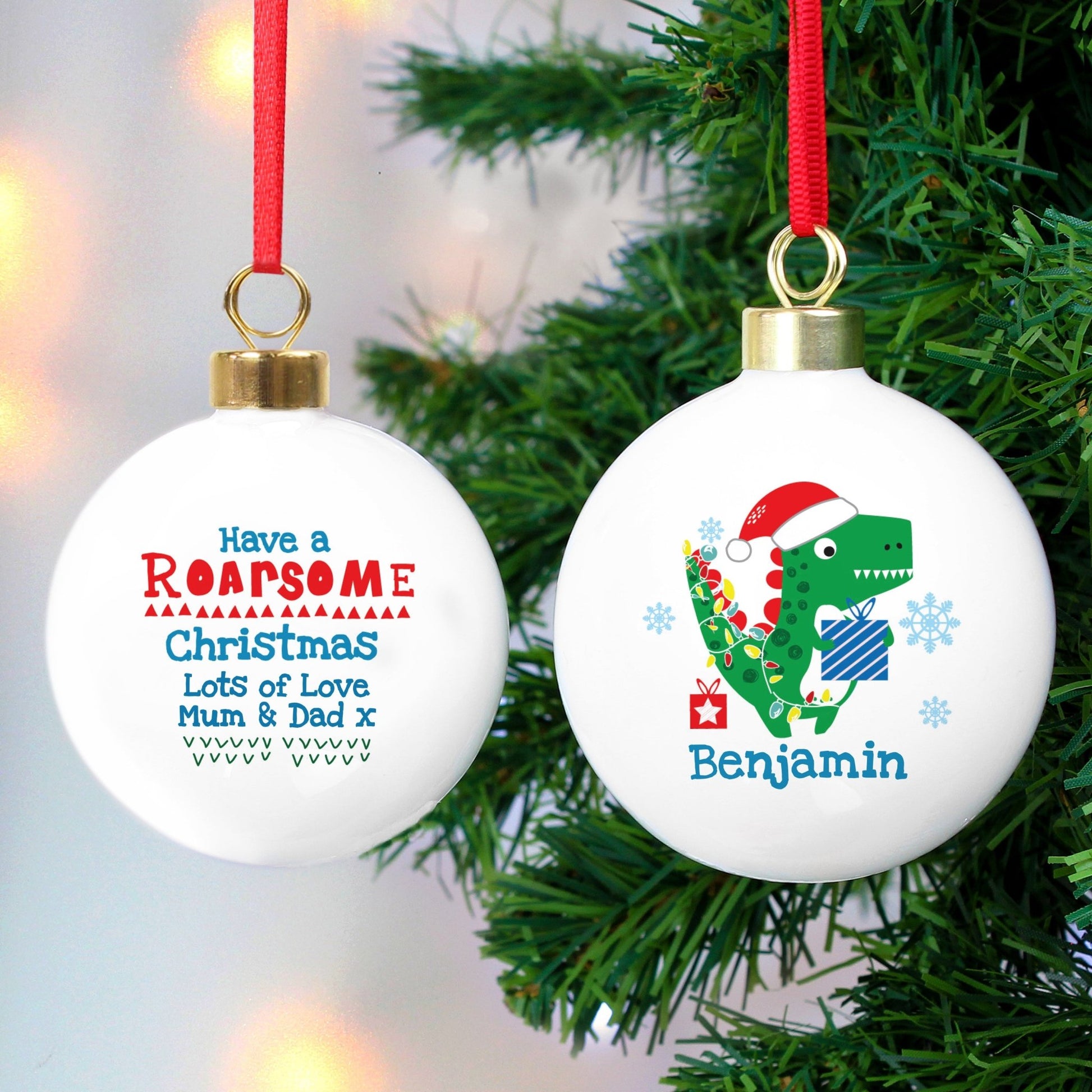 Personalised Dinosaur 'Have a Roarsome Christmas' Bauble | Inspired Creative Gifts | UK Supplier
