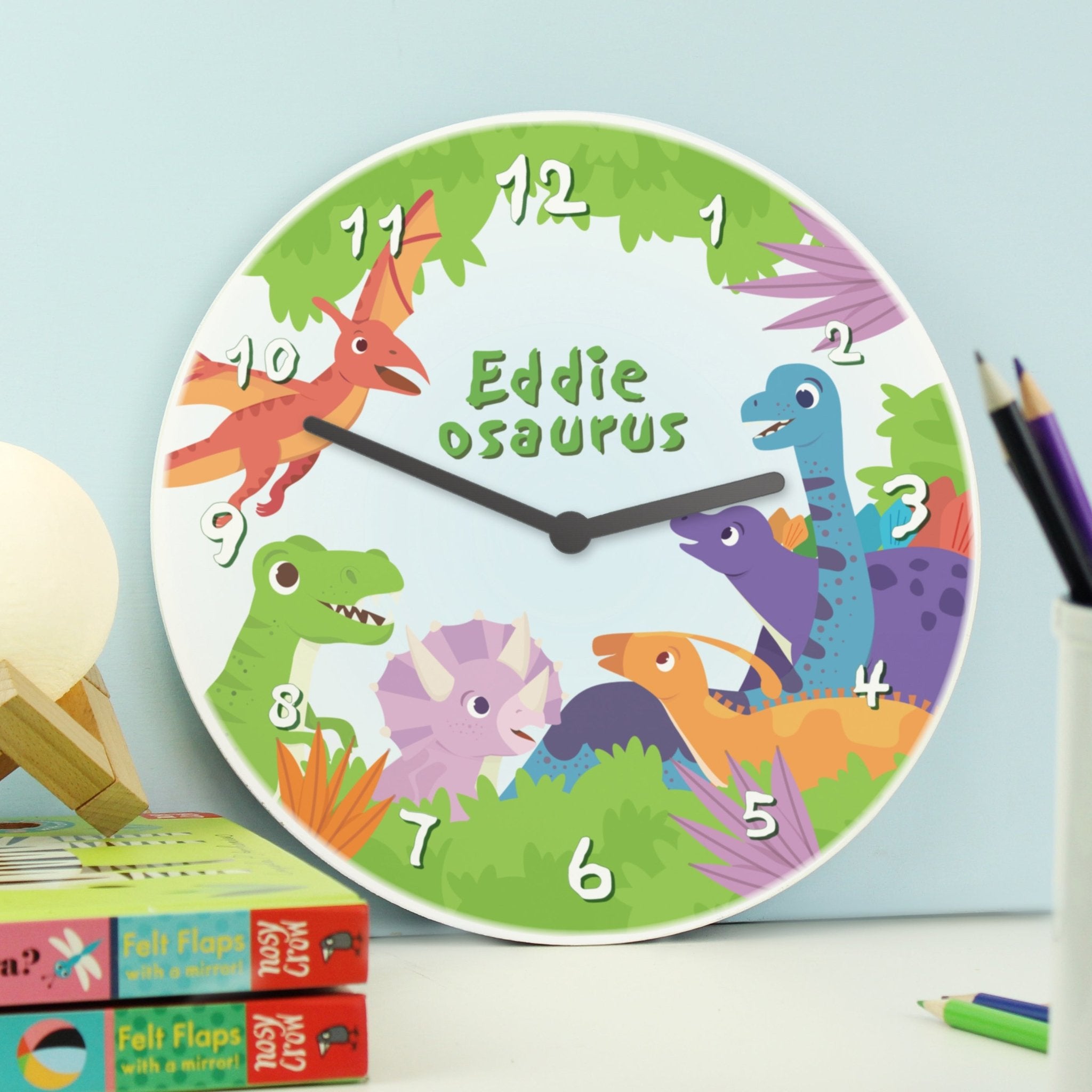 Personalised Dinosaur Wooden Childrens Clock | Inspired Creative Gifts | UK Supplier