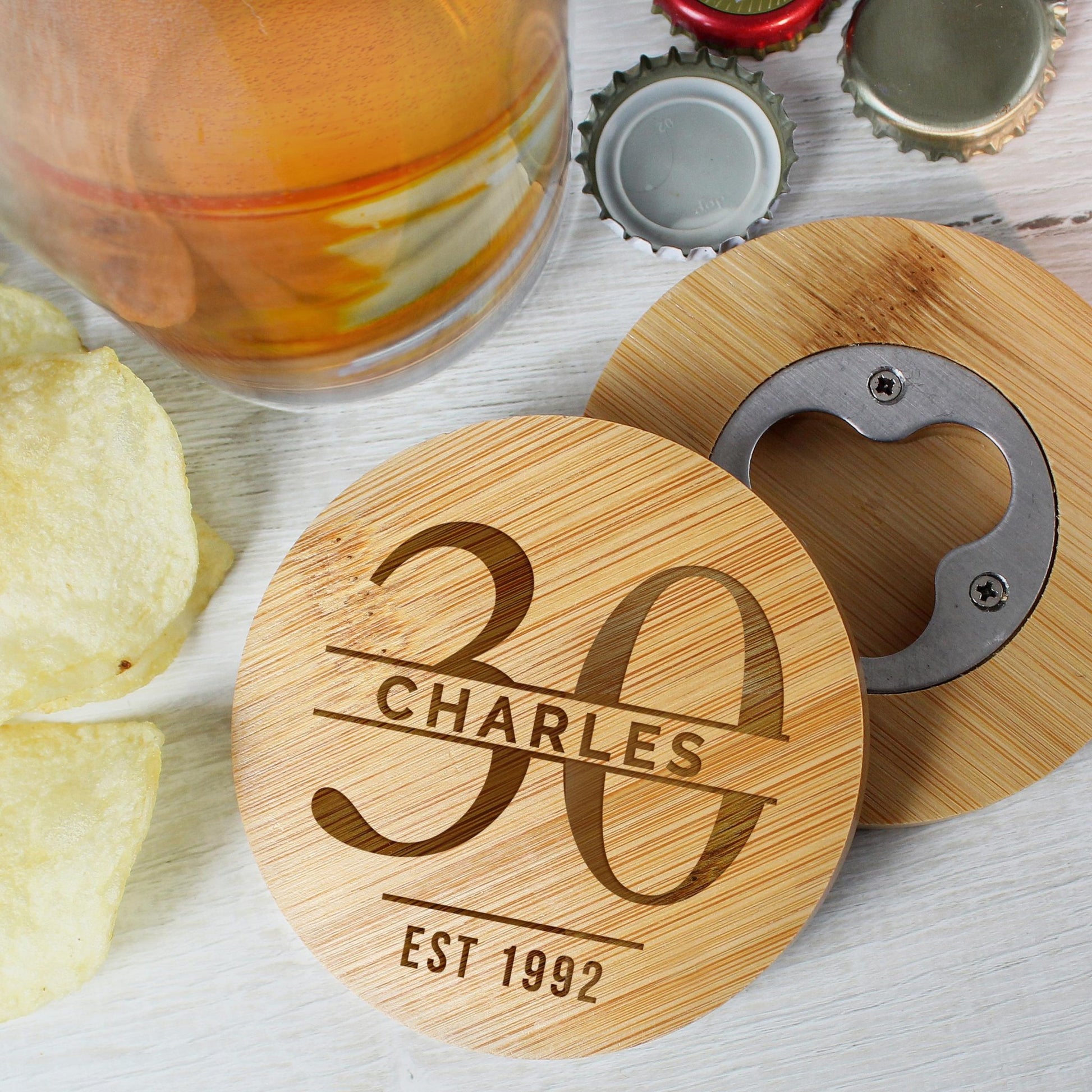 Personalised Engraved Big Age Bamboo Bottle Opener Coaster and Pint Glass Set | Big Age 18th, 21st, 30th, 40th, 50th, 60th | Inspired Creative Gifts | UK Supplier