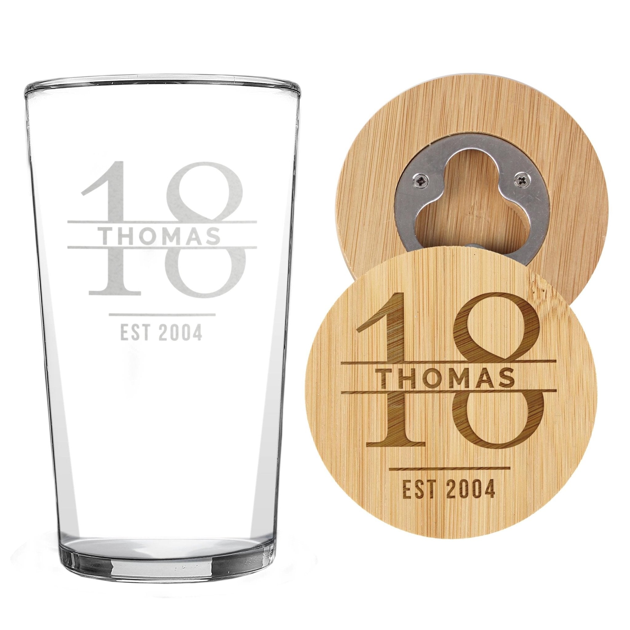 Personalised Engraved Big Age Bamboo Bottle Opener Coaster and Pint Glass Set | Big Age 18th, 21st, 30th, 40th, 50th, 60th | Inspired Creative Gifts | UK Supplier