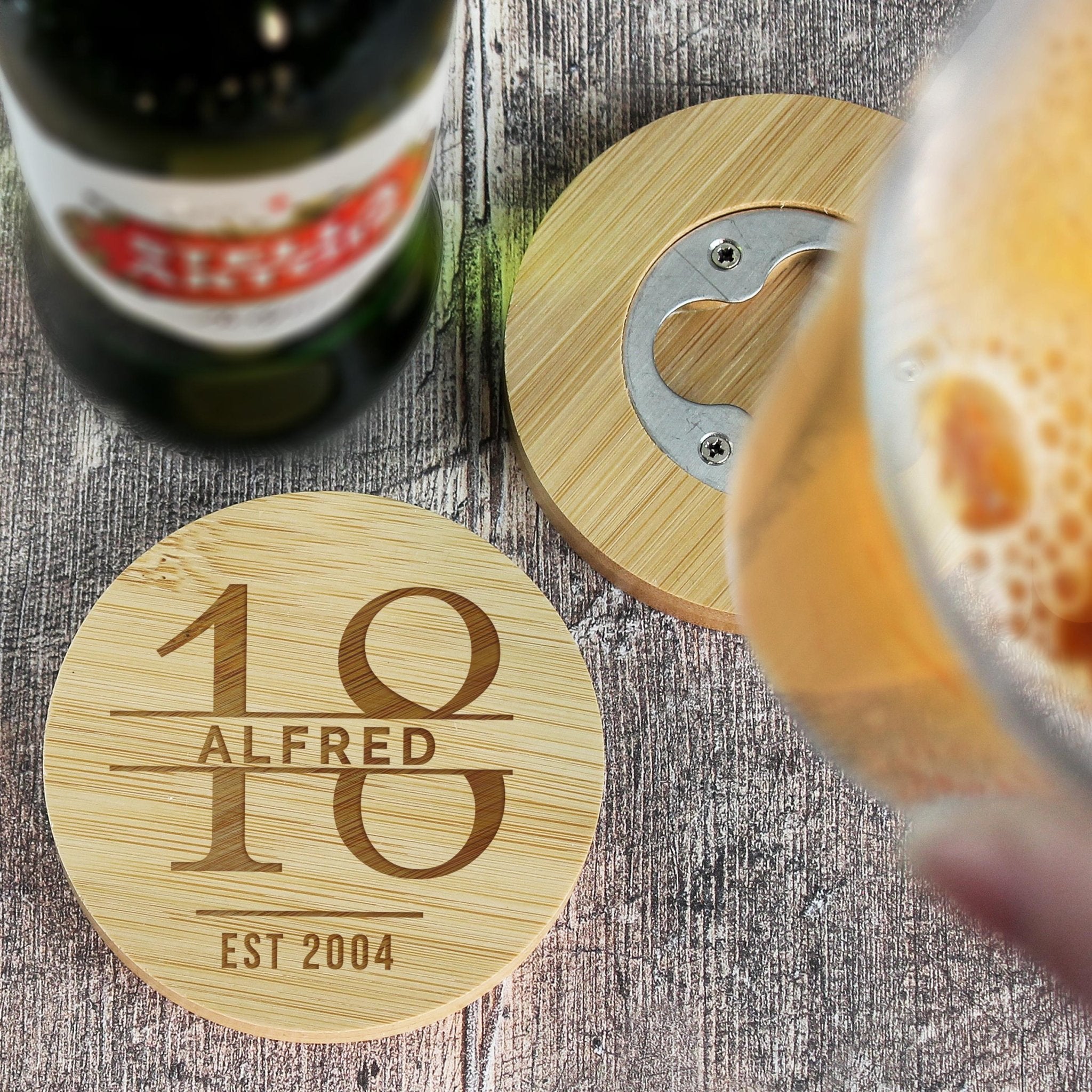 Personalised Engraved Big Age Bamboo Bottle Opener Coaster and Pint Glass Set | Big Age 18th, 21st, 30th, 40th, 50th, 60th | Inspired Creative Gifts | UK Supplier