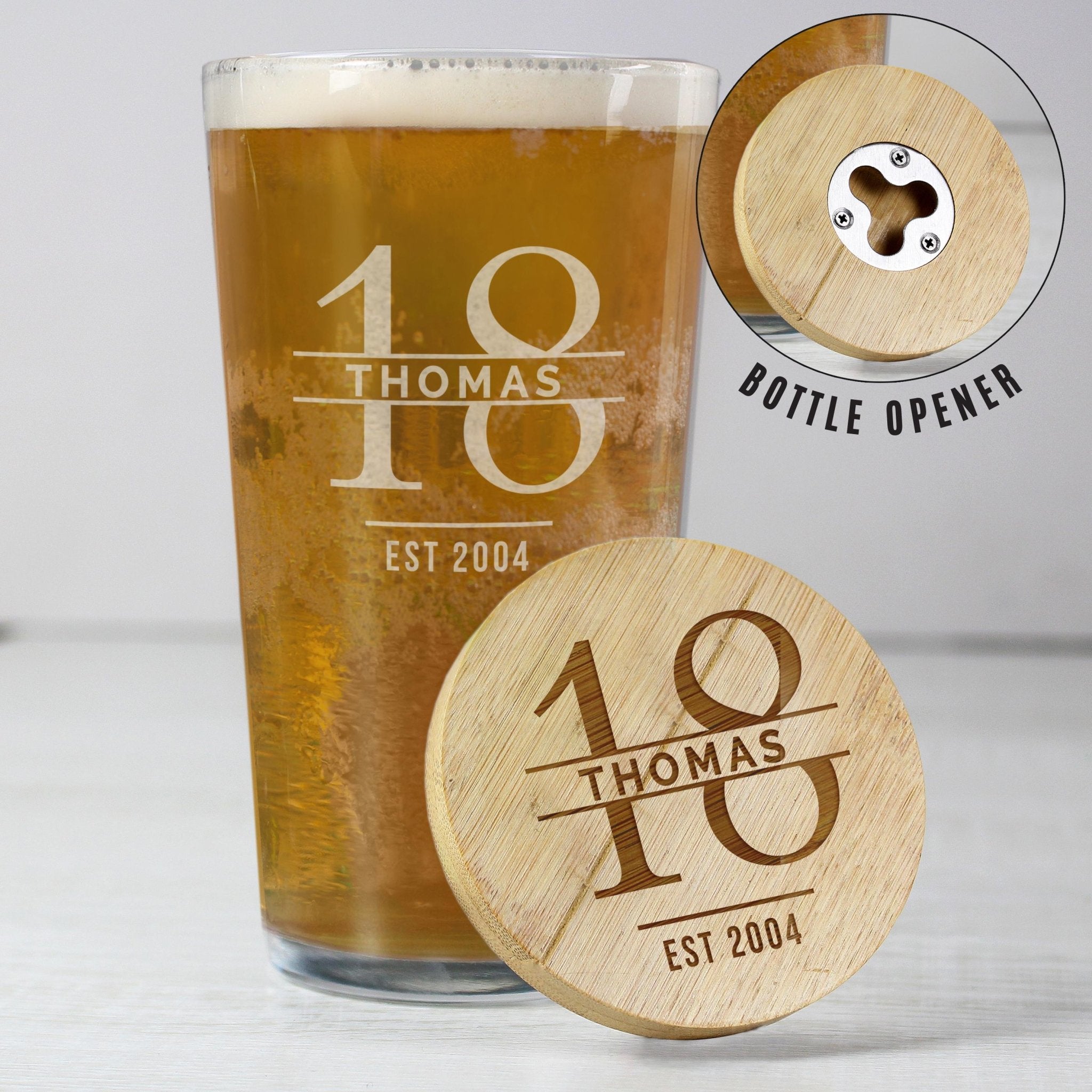 Personalised Engraved Big Age Bamboo Bottle Opener Coaster and Pint Glass Set | Big Age 18th, 21st, 30th, 40th, 50th, 60th | Inspired Creative Gifts | UK Supplier