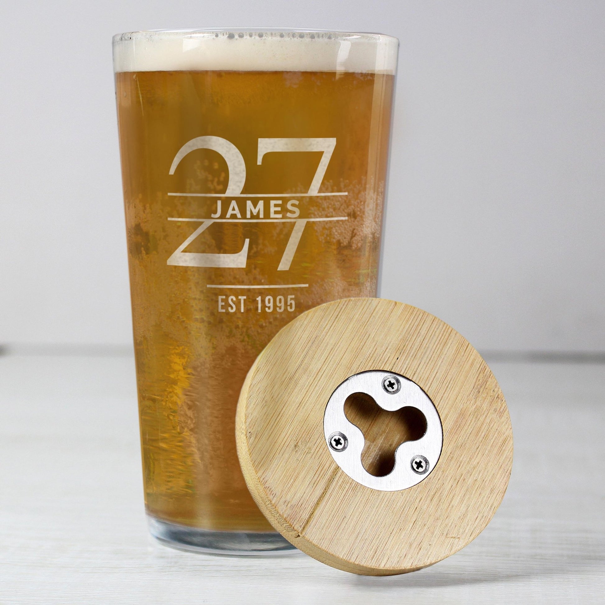 Personalised Engraved Big Age Bamboo Bottle Opener Coaster and Pint Glass Set | Big Age 18th, 21st, 30th, 40th, 50th, 60th | Inspired Creative Gifts | UK Supplier