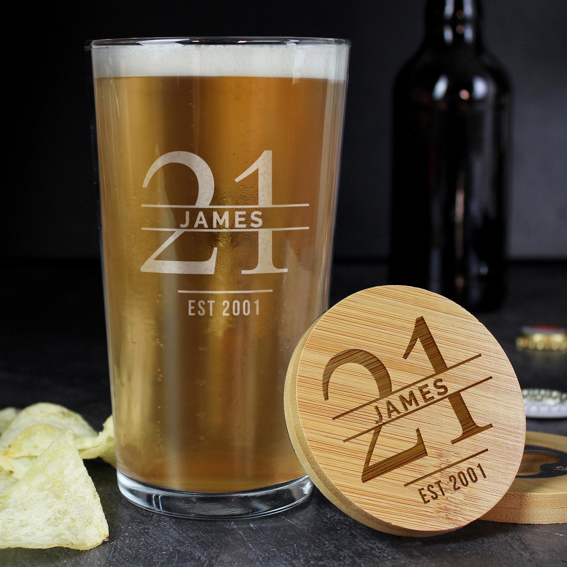 Personalised Engraved Big Age Bamboo Bottle Opener Coaster and Pint Glass Set | Big Age 18th, 21st, 30th, 40th, 50th, 60th | Inspired Creative Gifts | UK Supplier