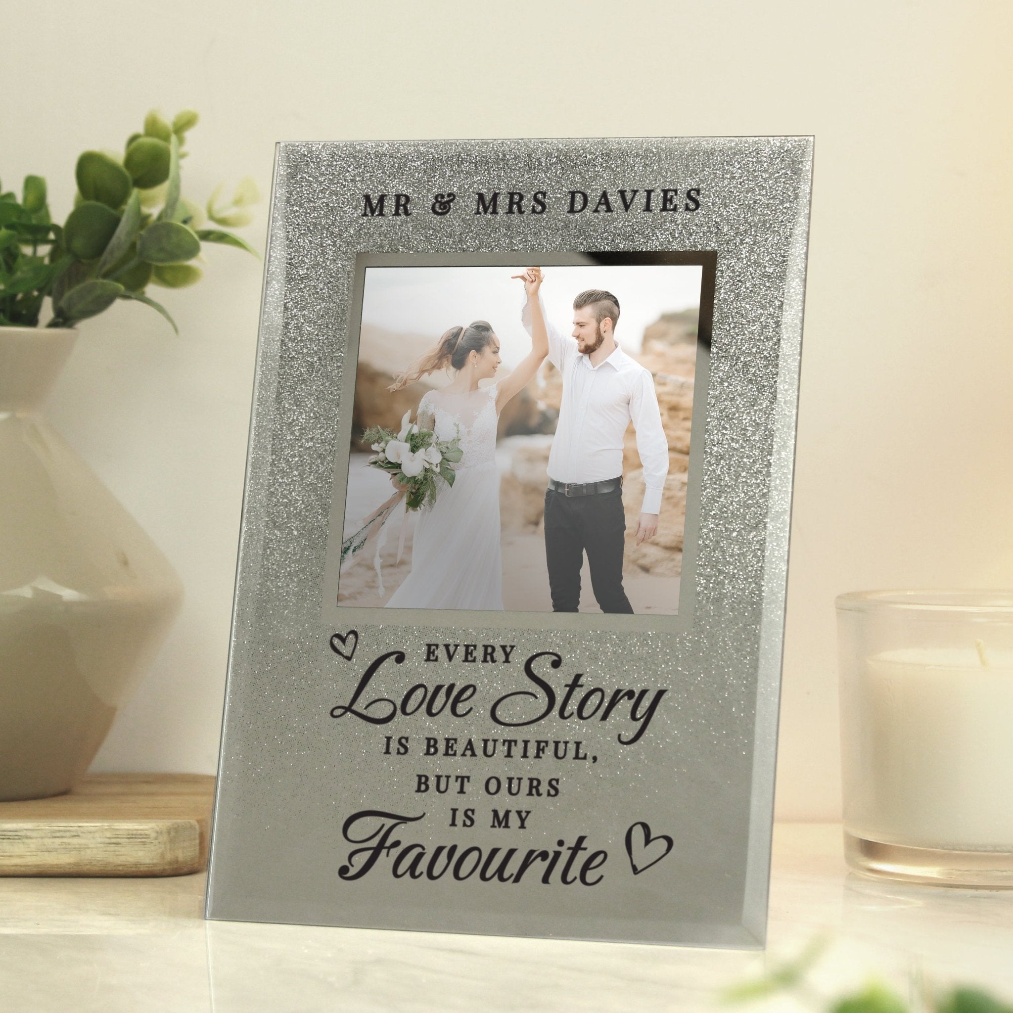 Personalised Every Love Story Is Beautiful 4x4 Glitter Glass Photo Frame | Inspired Creative Gifts | UK Supplier
