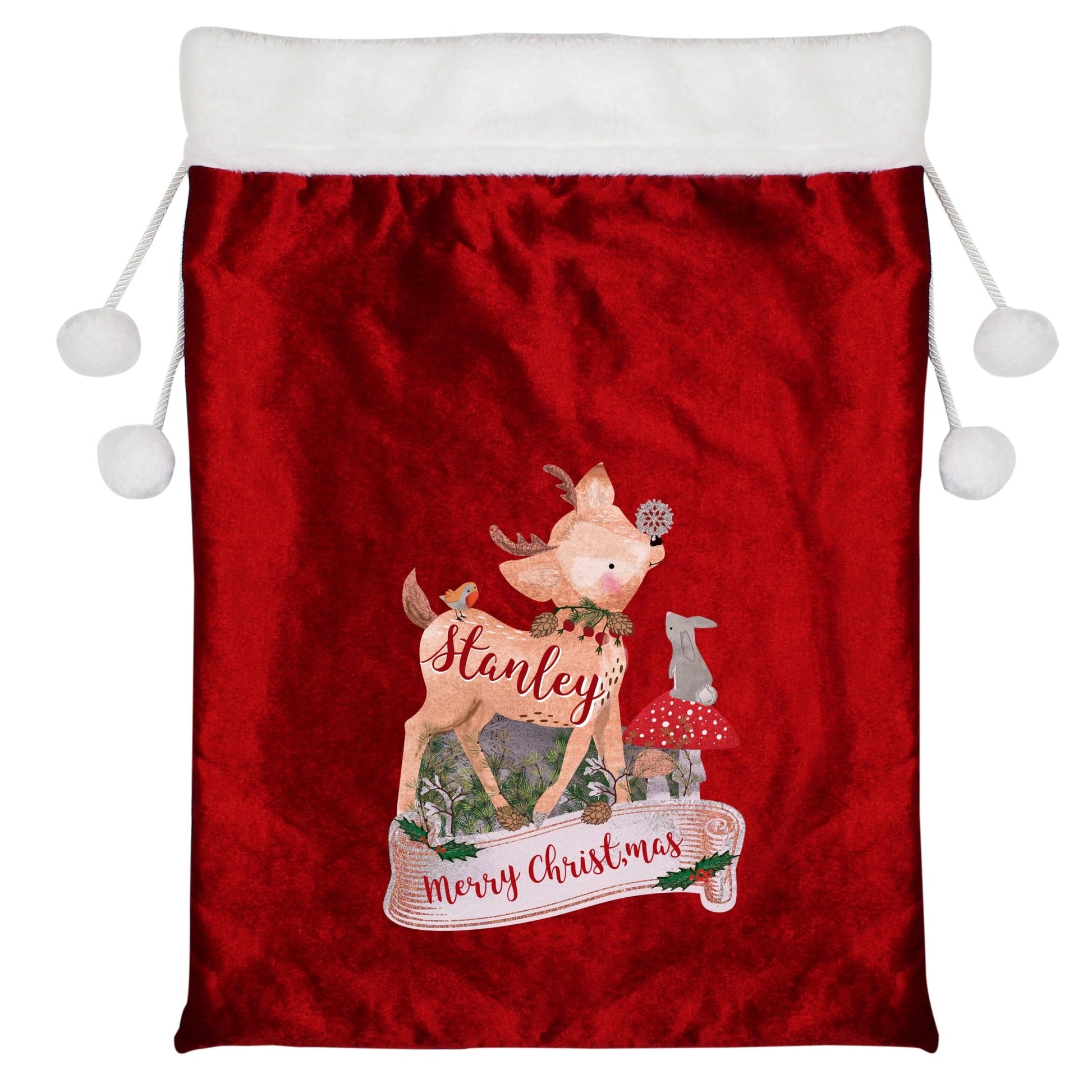 Personalised Festive Fawn Luxury Pom Pom Red Sack | Inspired Creative Gifts | UK Supplier