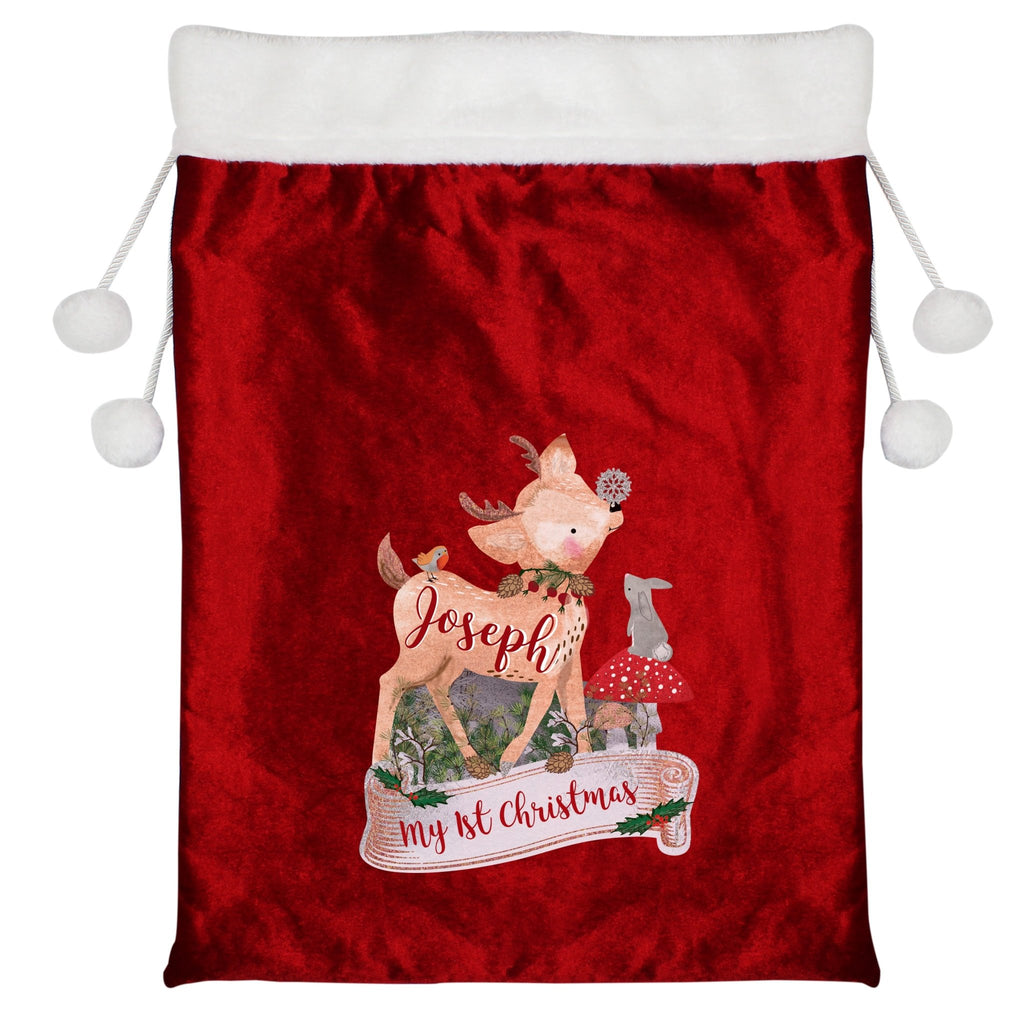 Personalised Festive Fawn Luxury Pom Pom Red Sack | Inspired Creative Gifts | UK Supplier