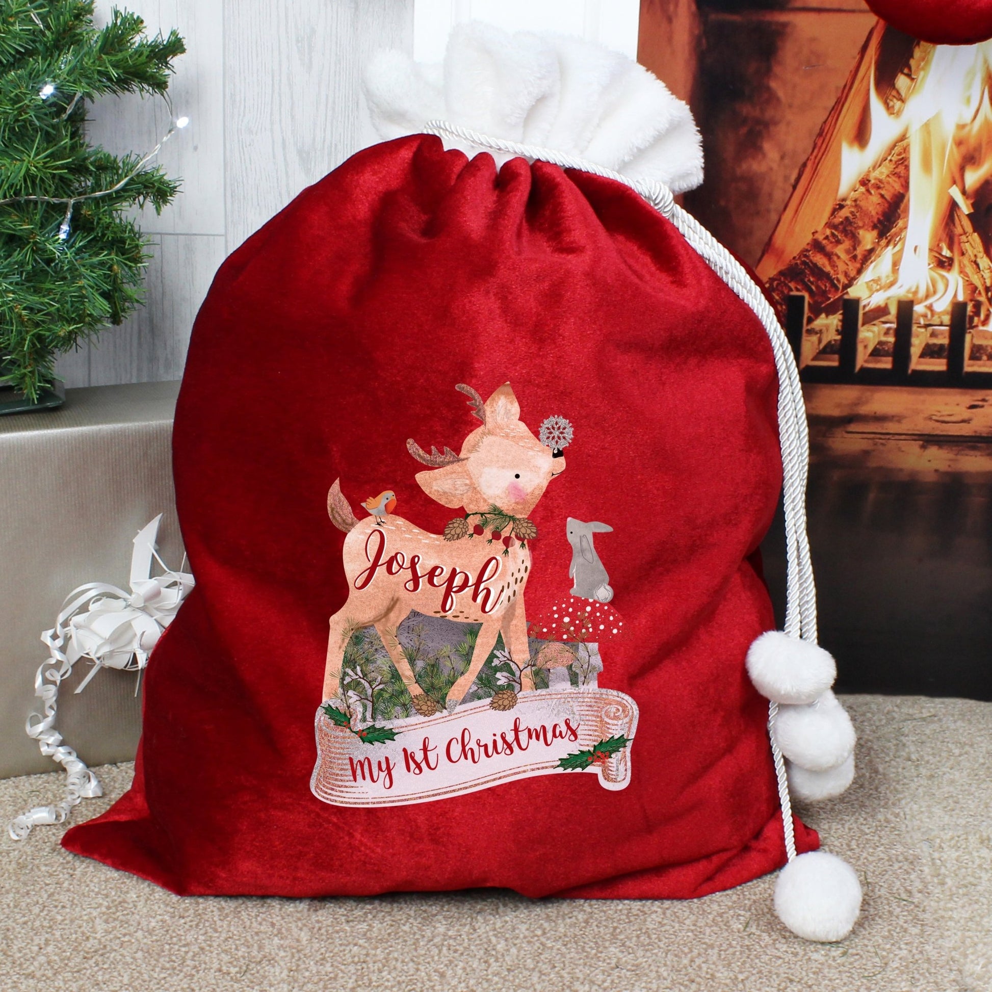 Personalised Festive Fawn Luxury Pom Pom Red Sack | Inspired Creative Gifts | UK Supplier