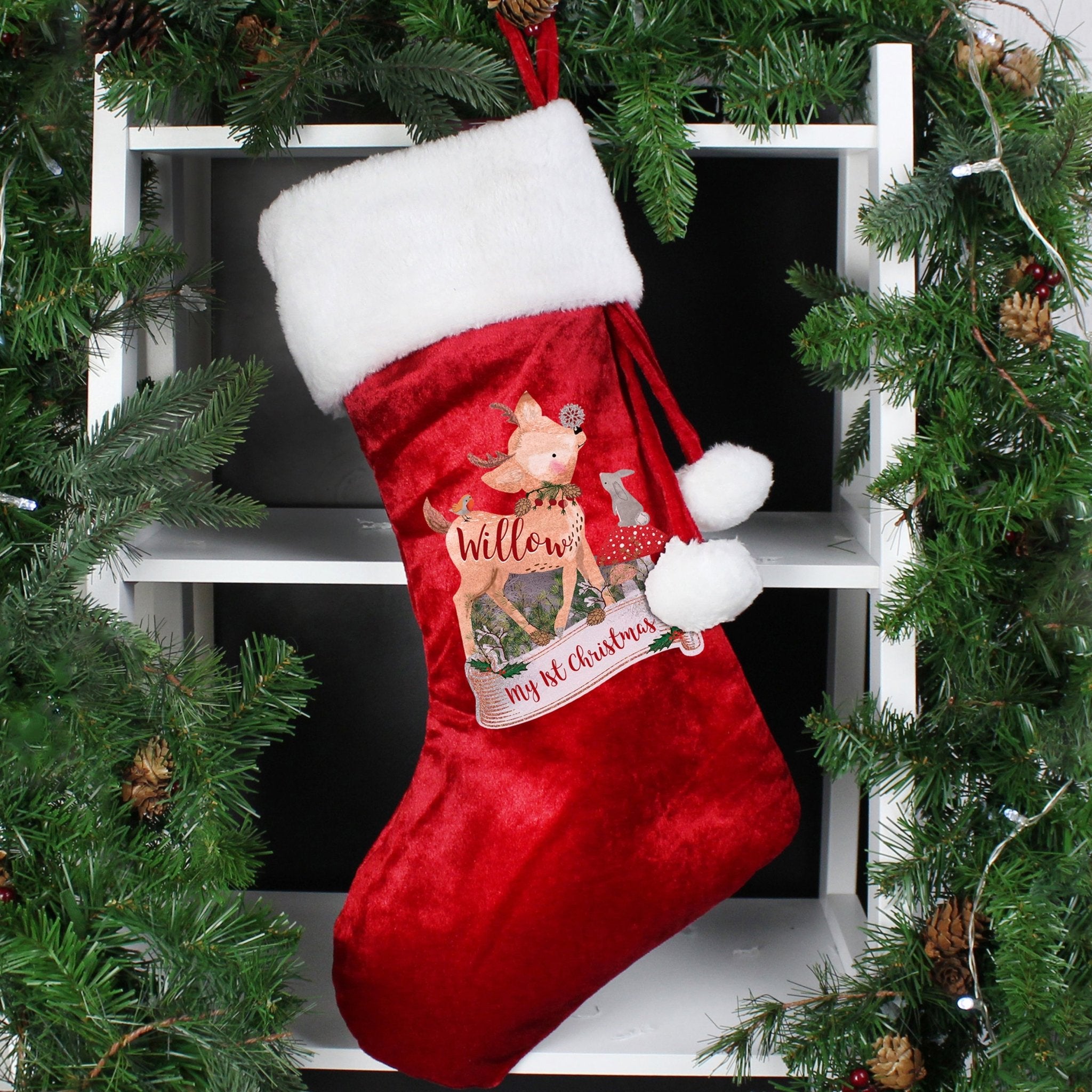 Personalised Festive Fawn Luxury Red Stocking | Inspired Creative Gifts | UK Supplier