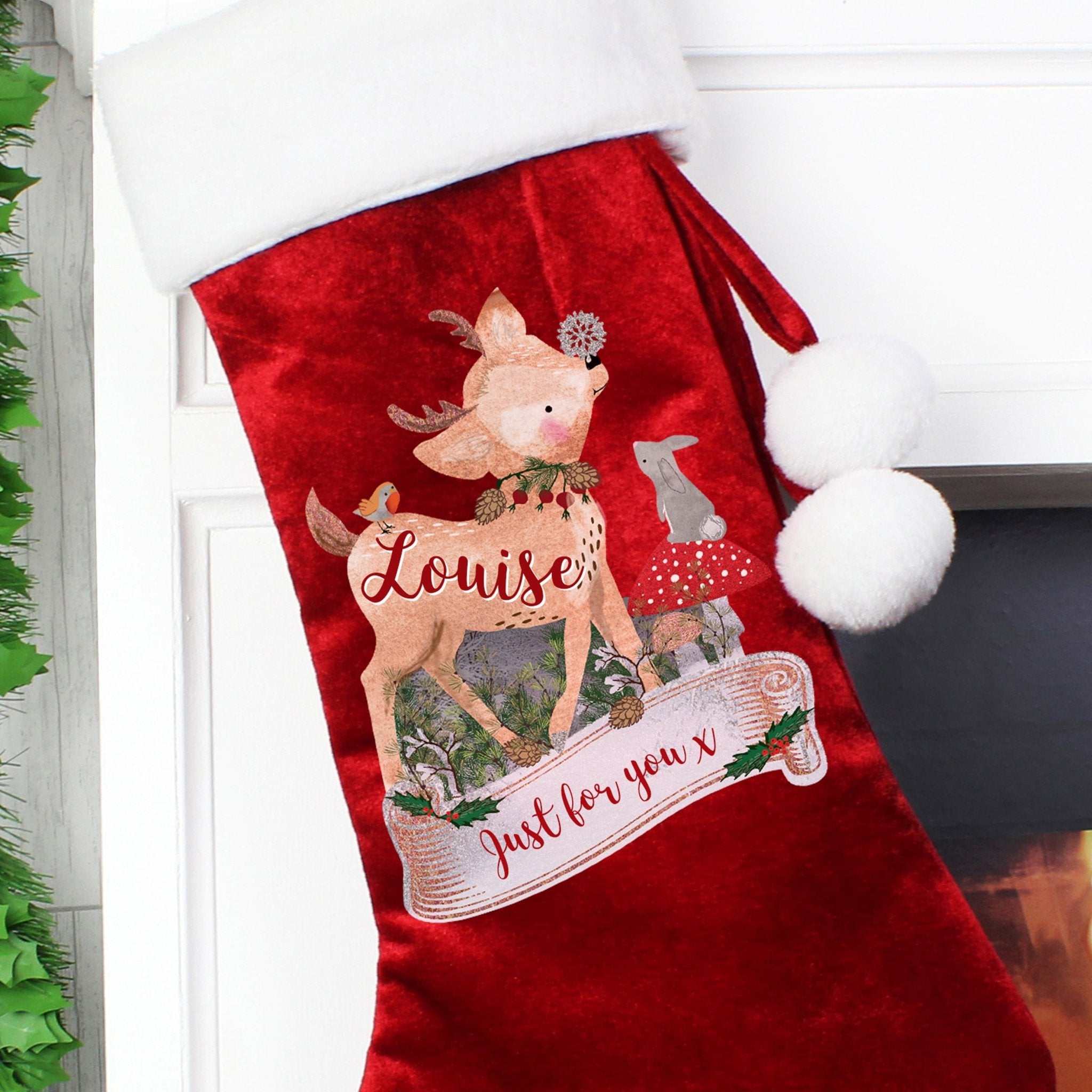 Personalised Festive Fawn Luxury Red Stocking | Inspired Creative Gifts | UK Supplier