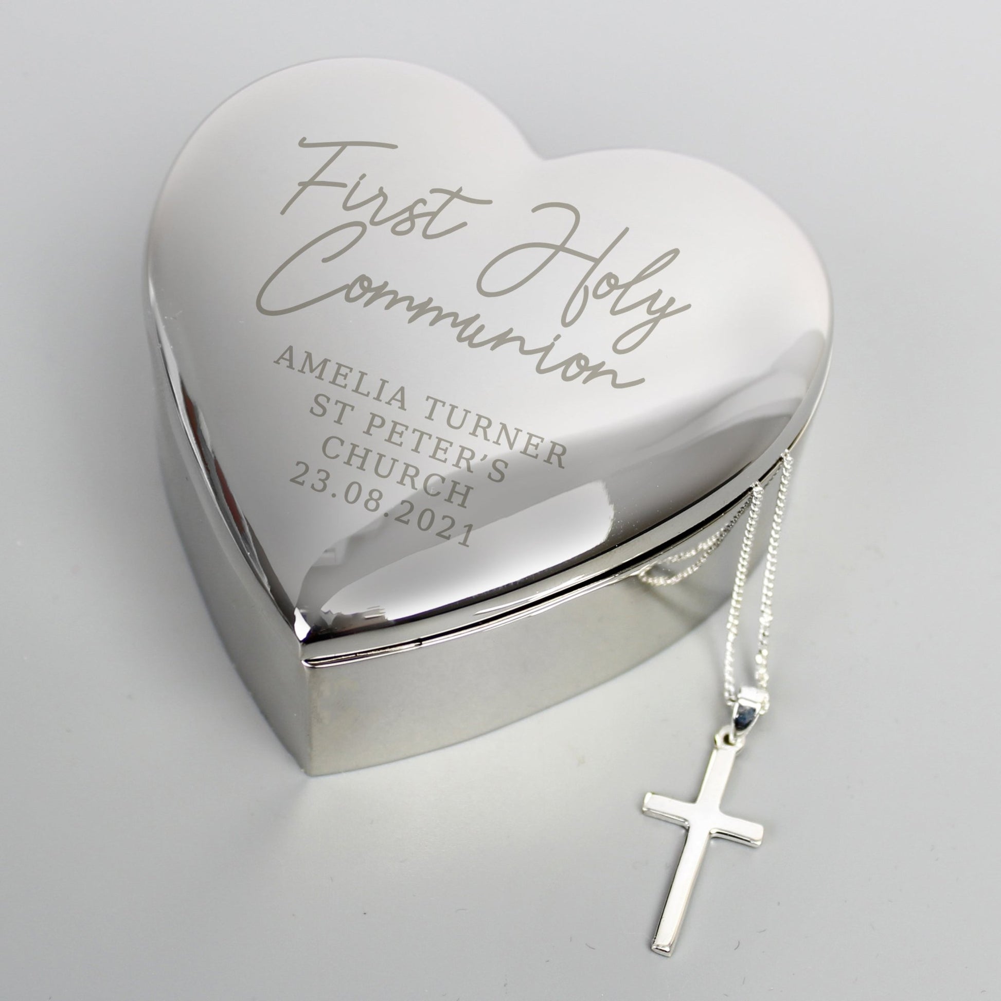 Personalised First Holy Communion Heart Trinket Box & Cross Necklace Set | Inspired Creative Gifts