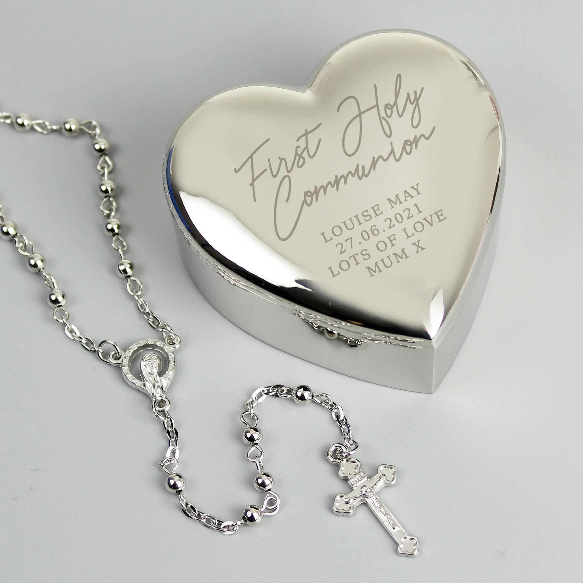 Personalised First Holy Communion Rosary Beads and Cross Heart Trinket Box | Inspired Creative Gifts