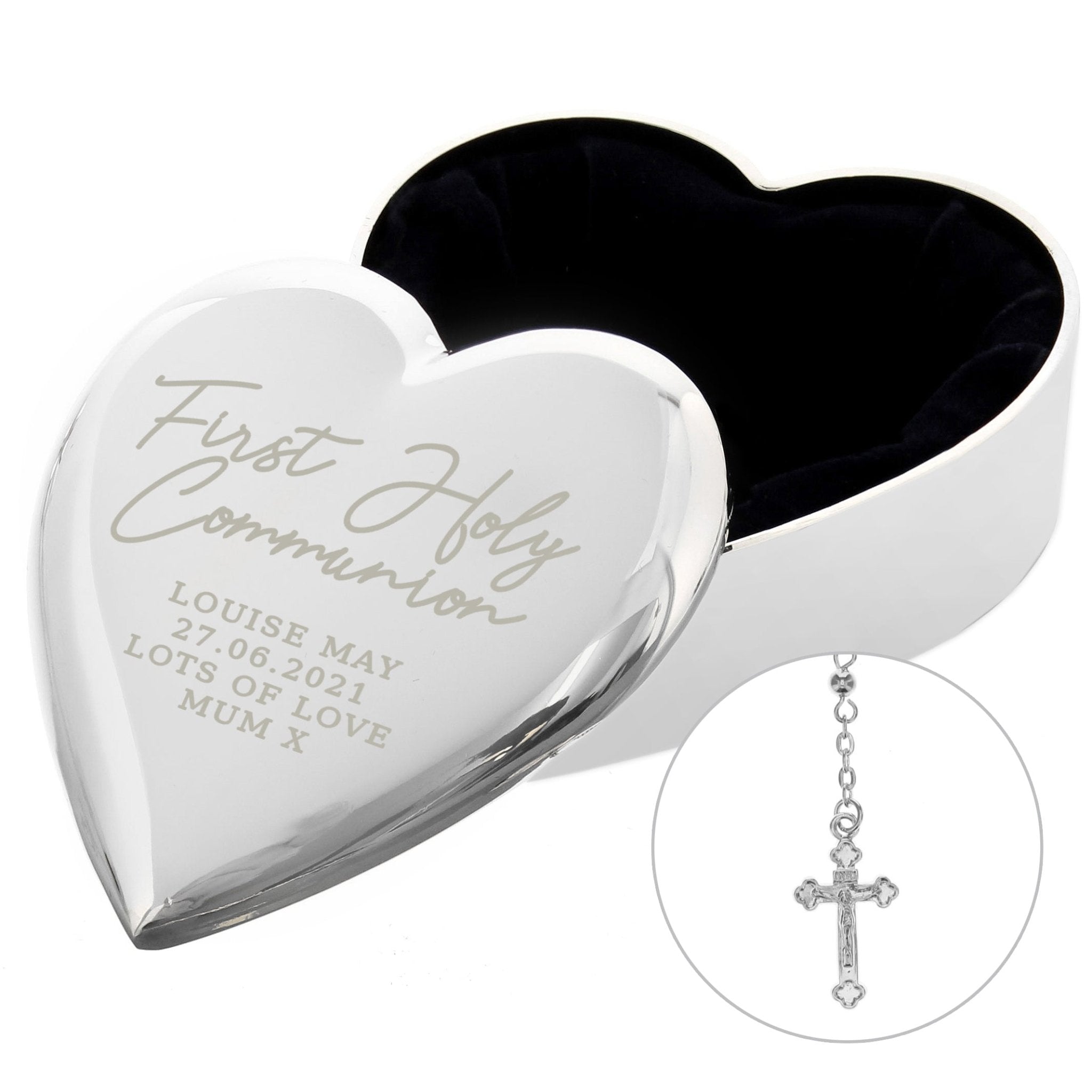Personalised First Holy Communion Rosary Beads and Cross Heart Trinket Box | Inspired Creative Gifts | UK Supplier