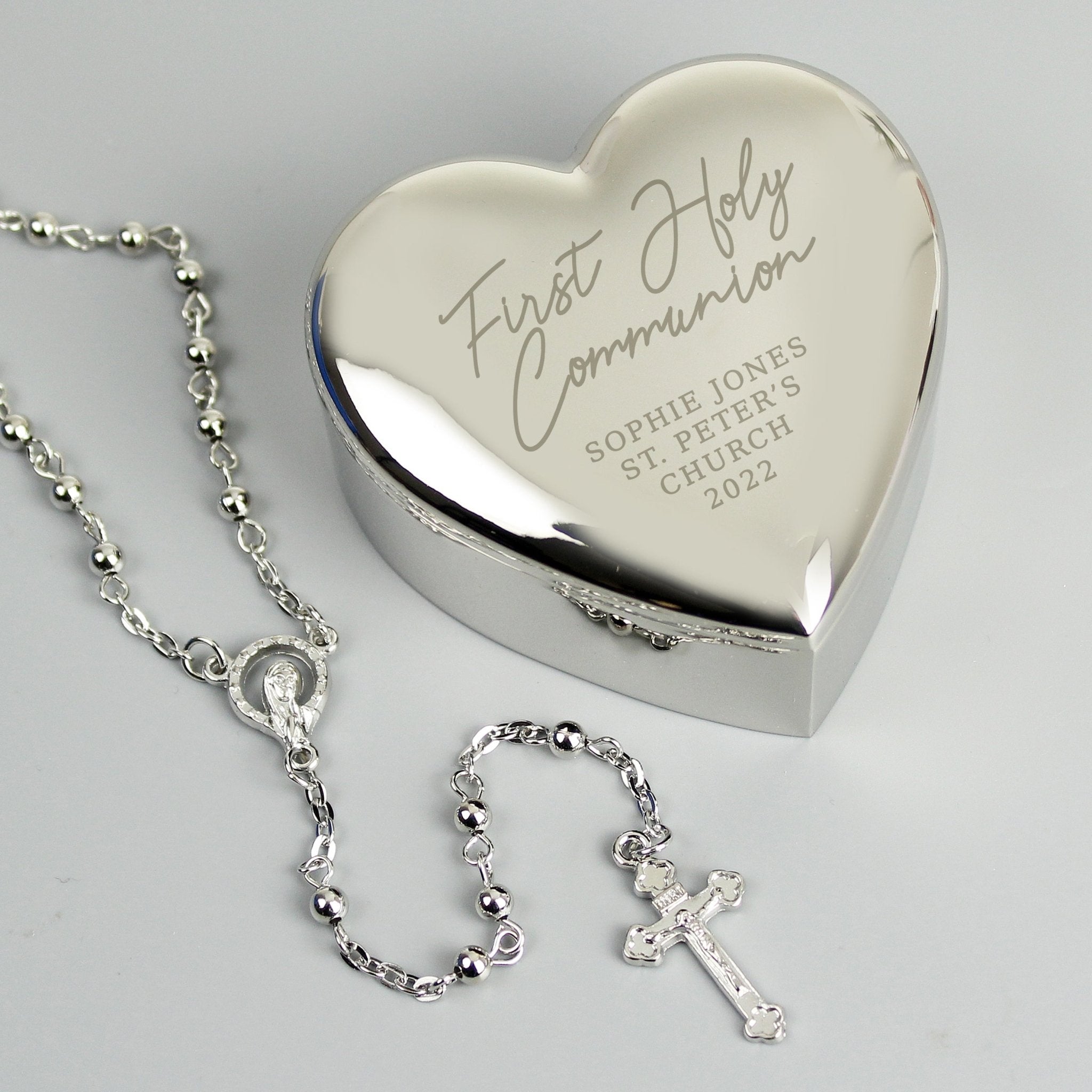Personalised First Holy Communion Rosary Beads and Cross Heart Trinket Box | Inspired Creative Gifts | UK Supplier