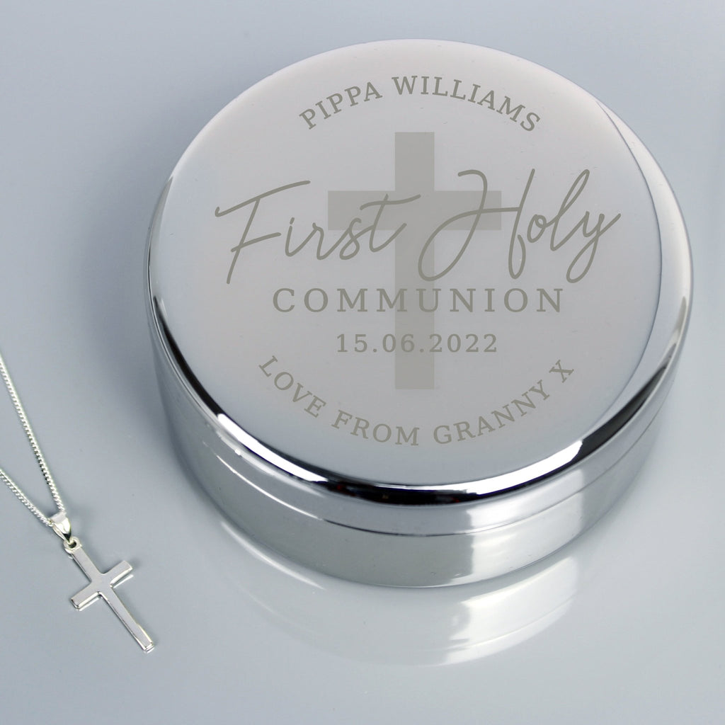 Personalised First Holy Communion Round Trinket Box & Cross Necklace Set | Inspired Creative Gifts